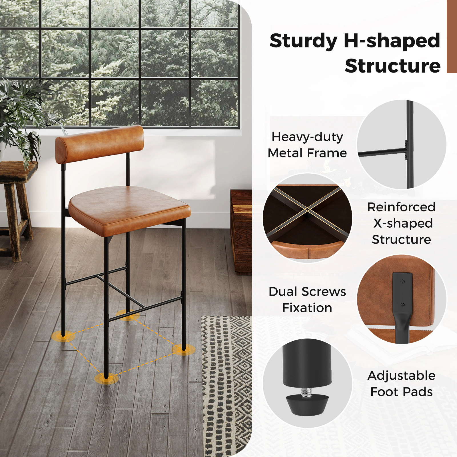 SUGIFT Set of 2 Brown 26-In Counter-Height Bar Stools, 400-Lb Capacity, PVC Leather, X-Braced Metal Frame