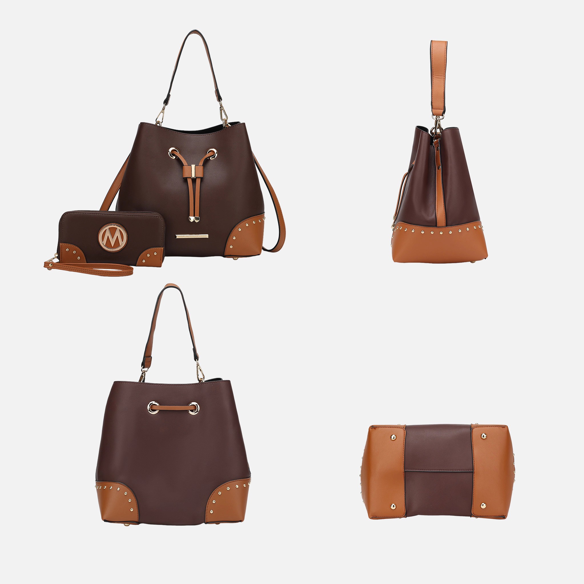 Mia K Collection Candice Color Block Vegan Leather Bucket Bag with Matching Wallet