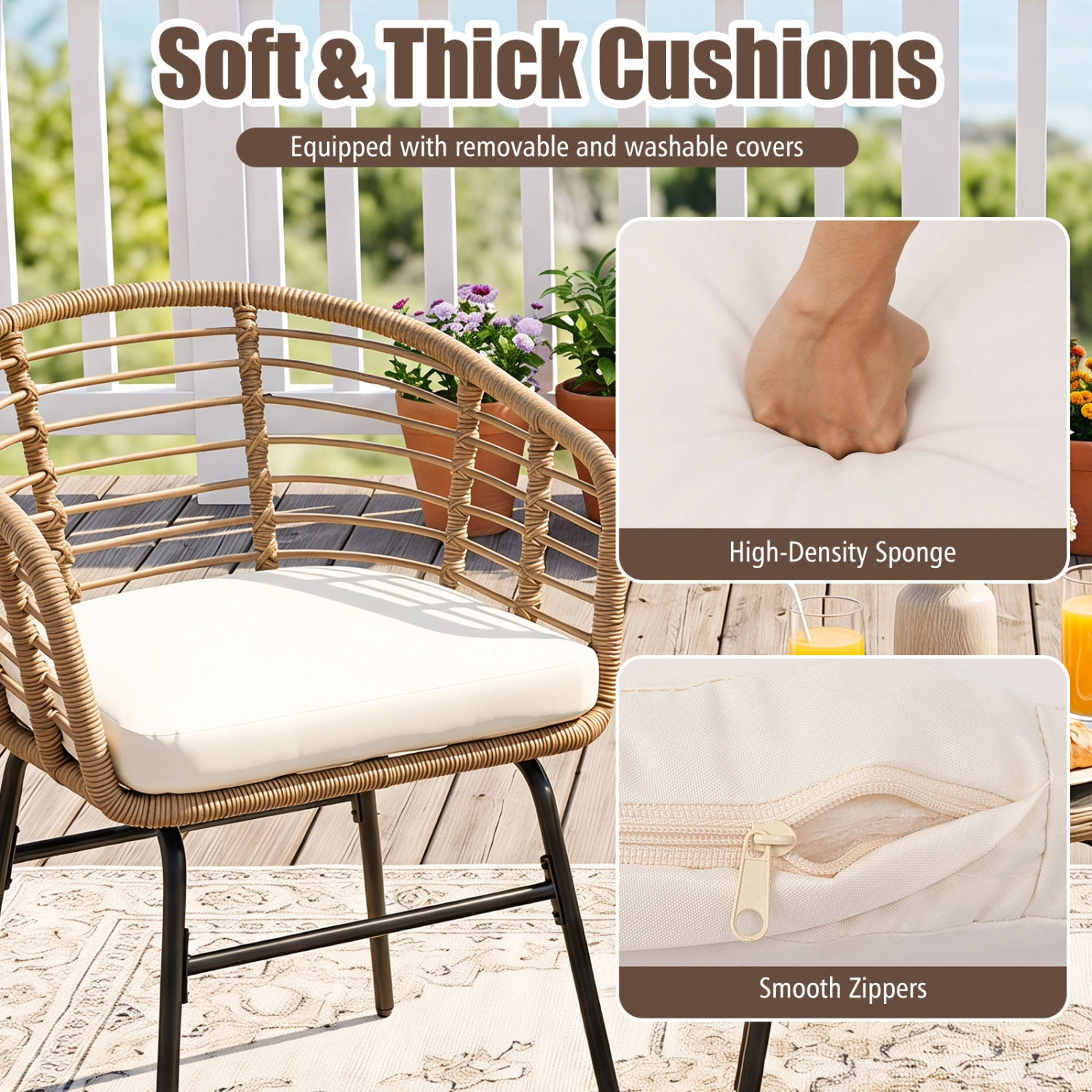 SUGIFT 3-Piece Natural Outdoor Wicker Bistro Set with Round Glass Table and Cushions