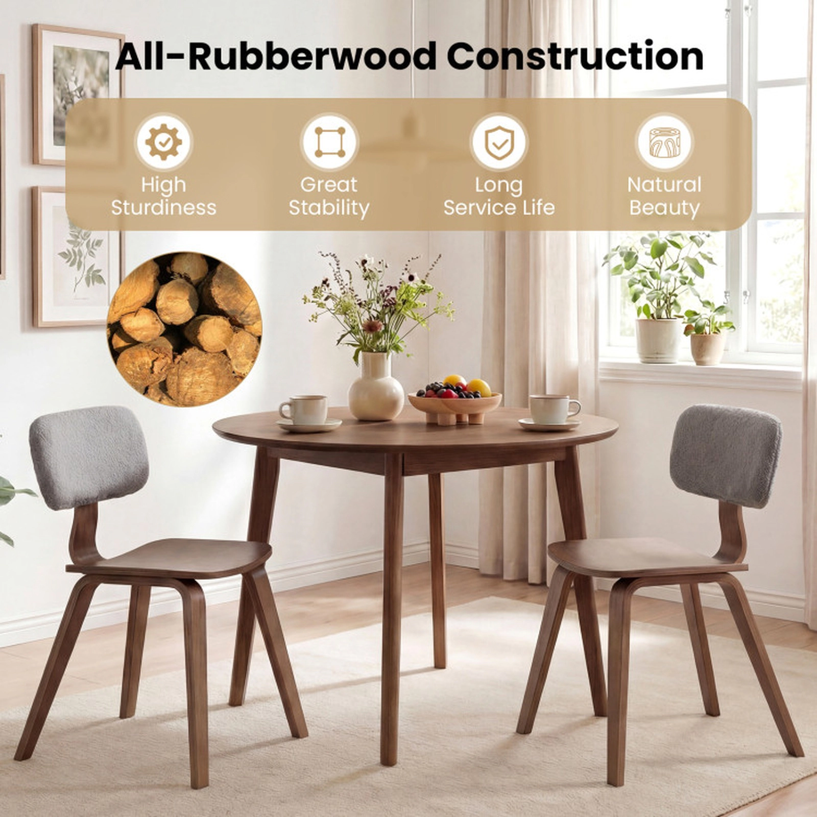 SUGIFT Walnut Rubber Wood Teddy Velvet Padded Backrest Set of 2 Dining Chairs