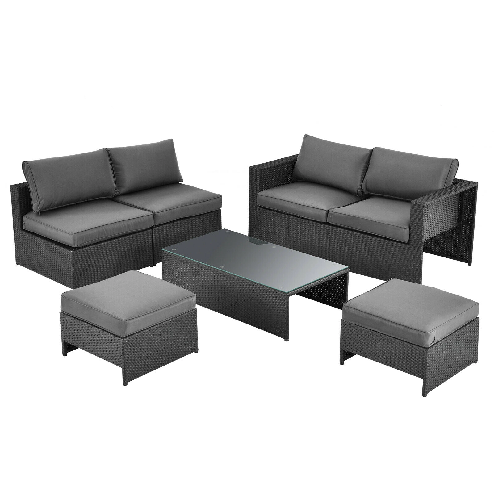 LJG 6 Pieces Patio Rattan Furniture Set with Glass Table and Cushioned Seat