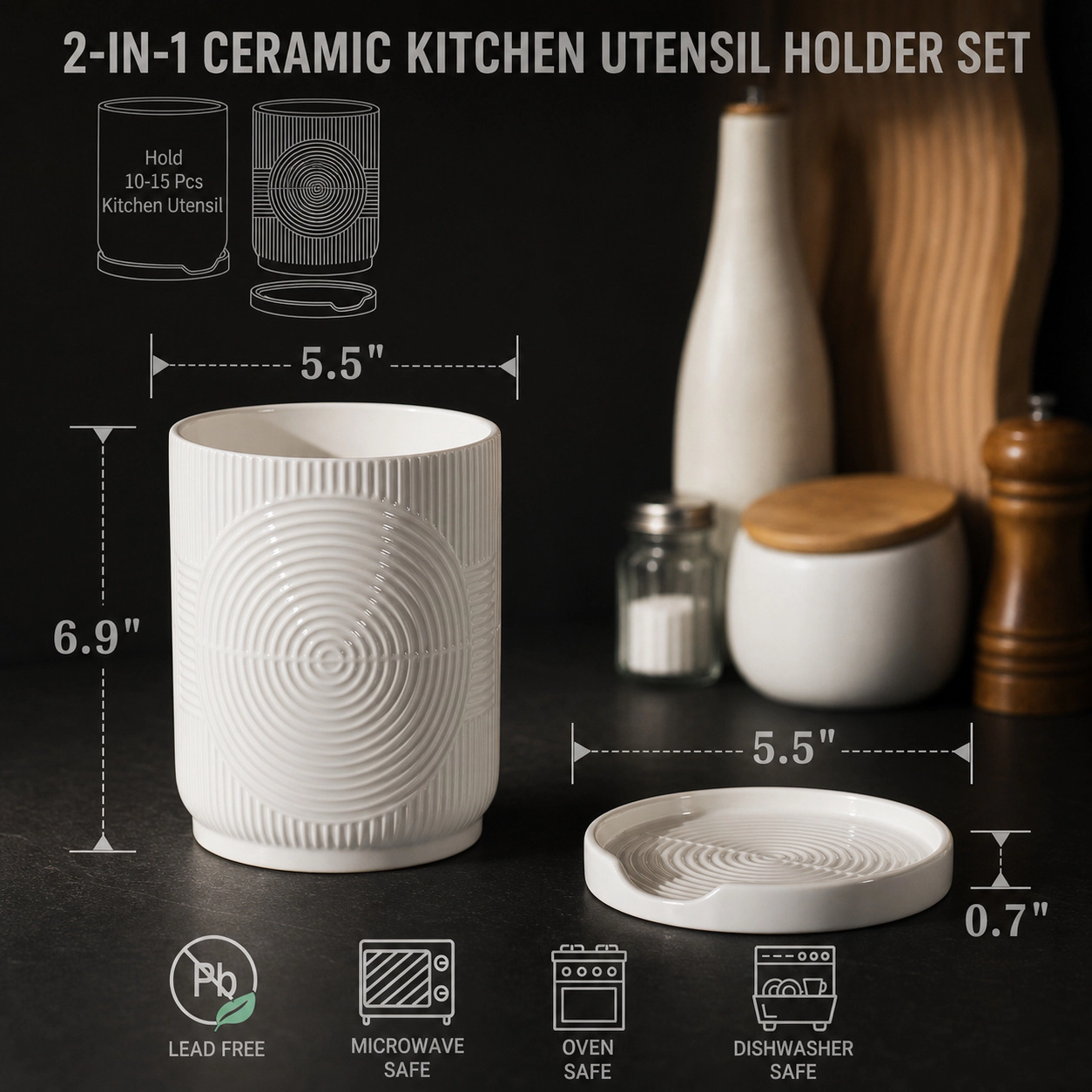 WZK 2 Pcs Ceramic With Spoon Rest Kitchen Utensil Holder