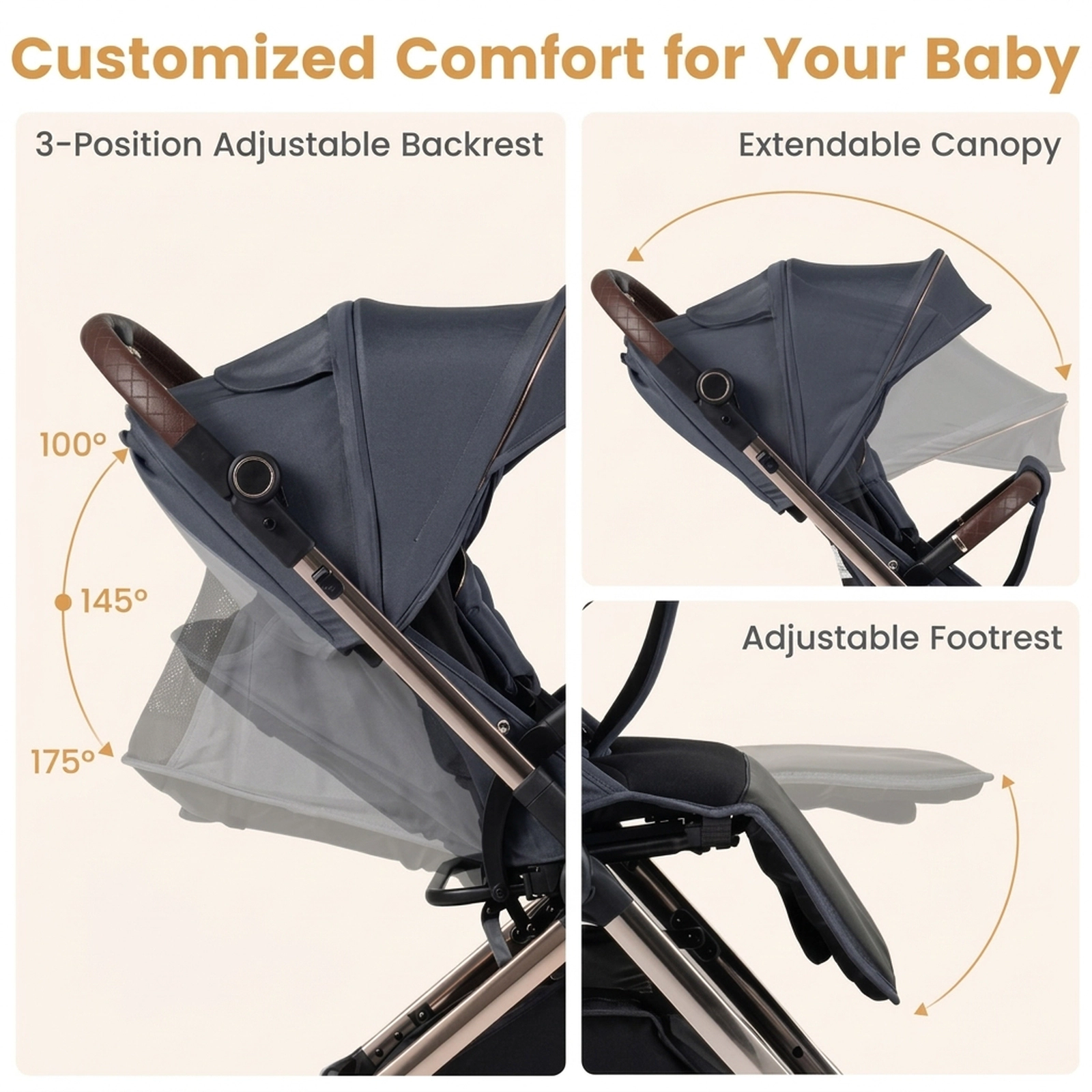 SUGIFT Gray 55-lb Capacity Foldable Aluminum Baby Stroller with Reversible Handle and Quick-Release Wheels