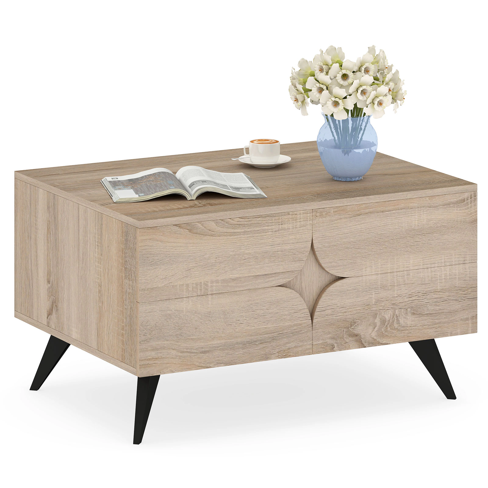 Glintex Farmhouse 31.5-Inch Coffee Table with 3 Cabinet Doors and Storage, Natural