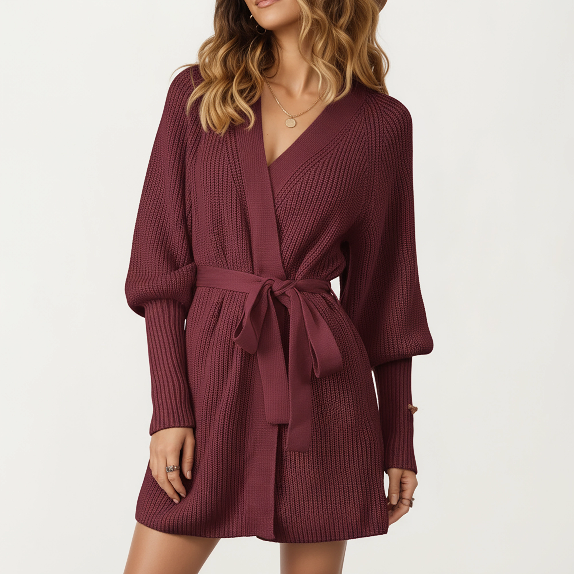 Anna-Kaci Women's Knit Long Sleeves Textured Ribbed Fabric Adjustable Waist Tie Wrap Top