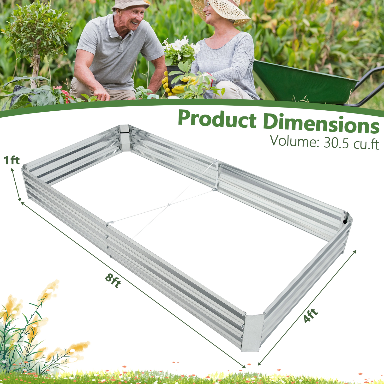 SUGIFT Raised Garden Bed with Open-Ended Base 8 x 4ft Silver Metal Galvanized Planter
