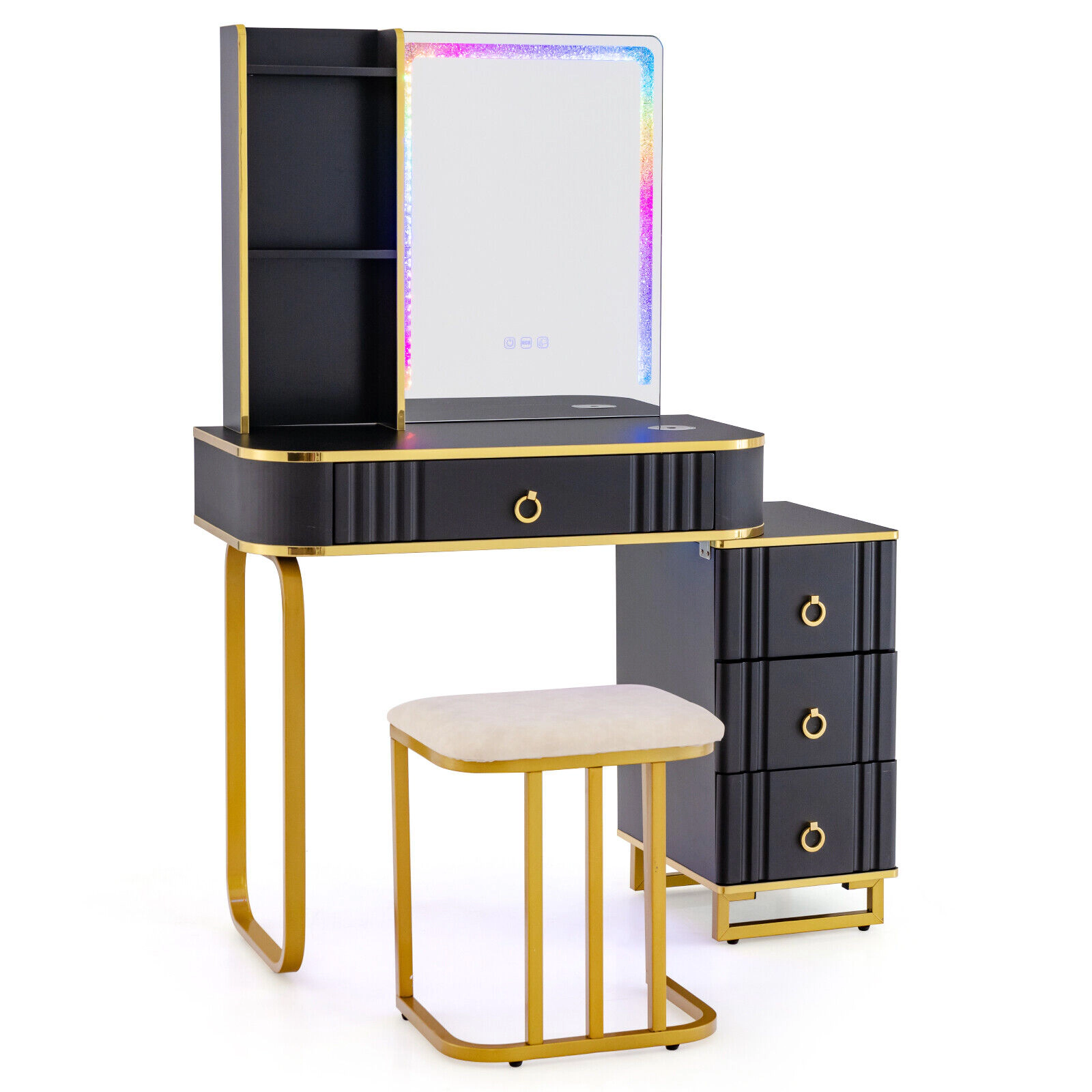 SUGIFT 2-Piece Black 54-Inch Vanity Desk Set with RGB Mirror Lights, Wireless Charging and Cushioned Stool