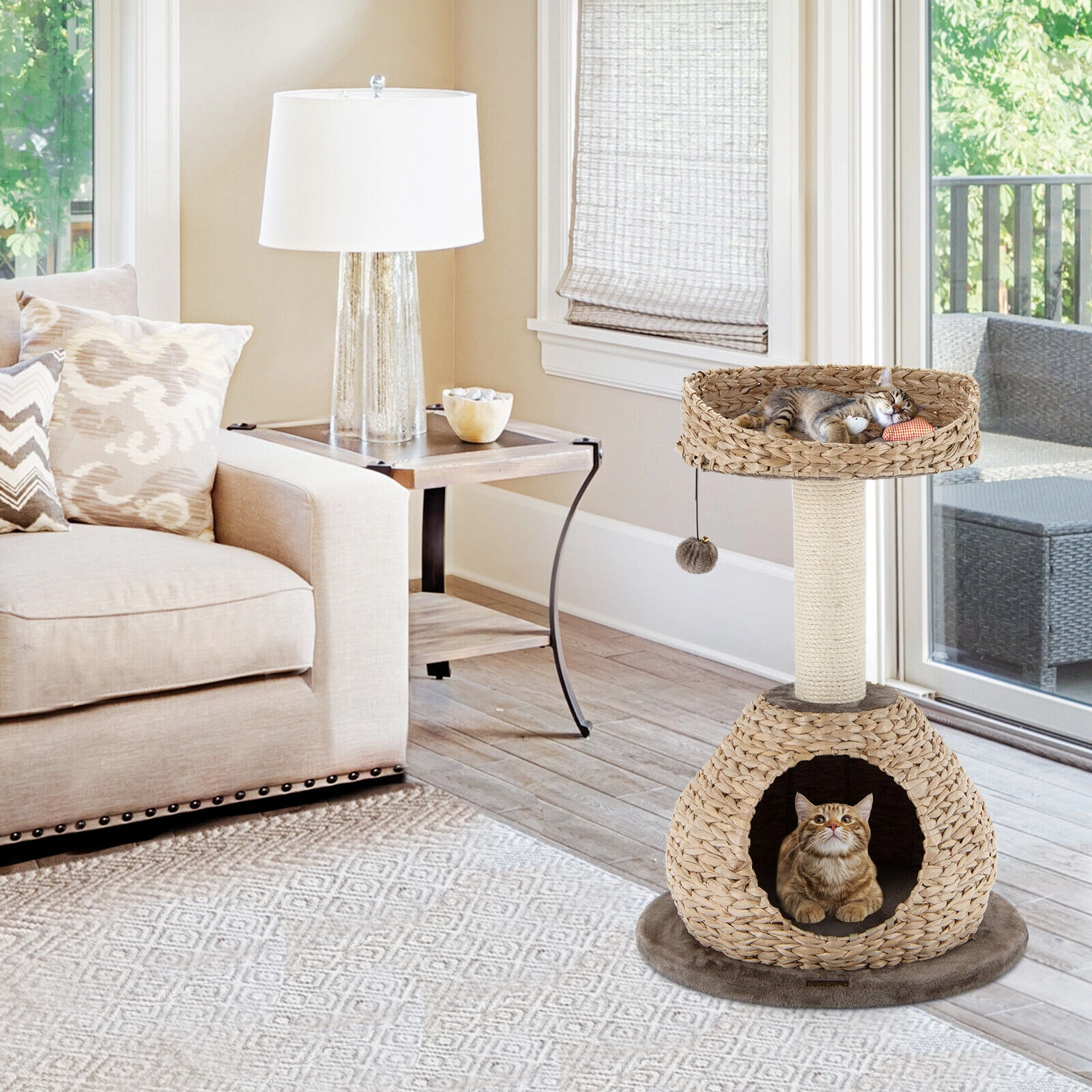 SUGIFT Coffee 28 in Hand-Made Cat Tree with Water Hyacinth Weave and Jump Platform
