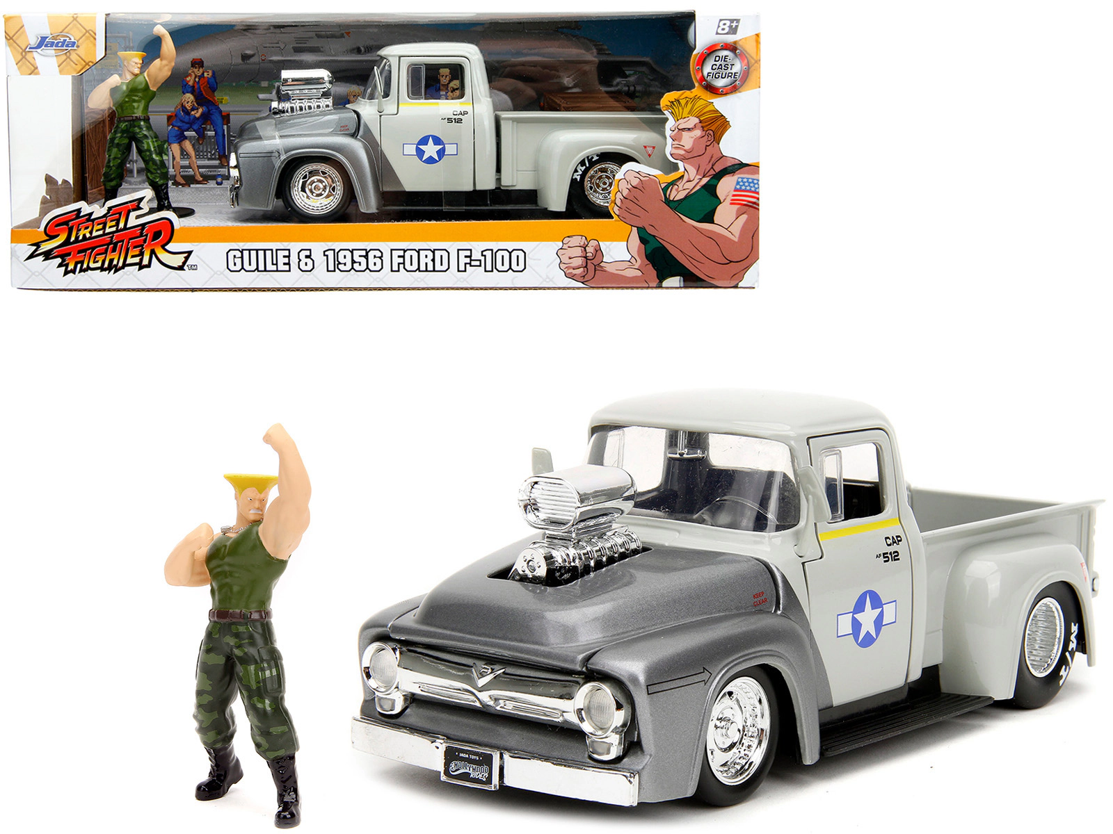 Jada 1956 Ford F-100 Pickup Truck Tan and Gray Metallic and Guile Diecast Figure "Street Fighter" Video Game