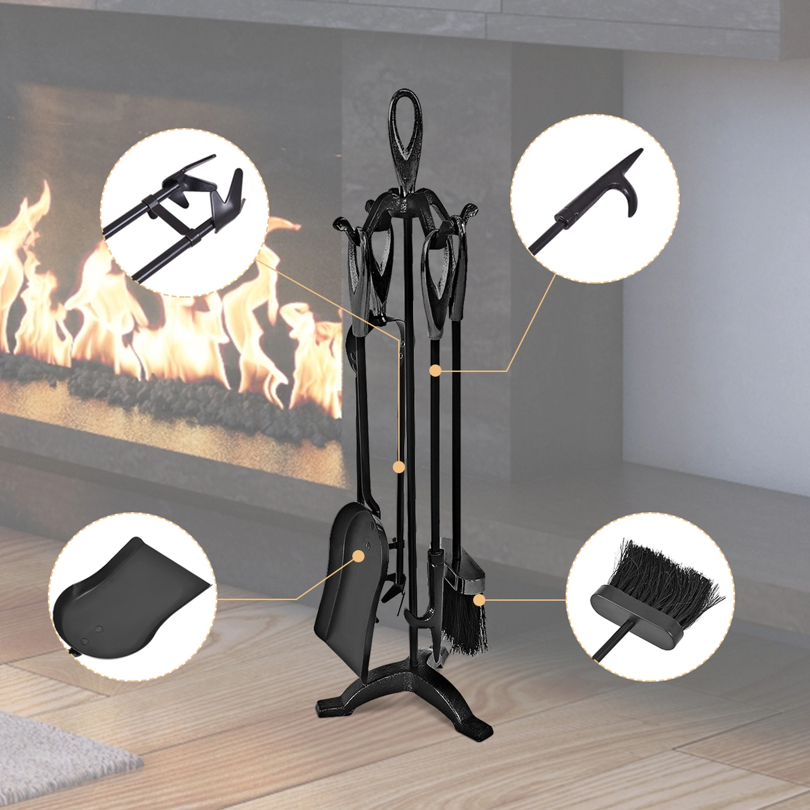 SUGIFT 5-Piece Plated Brass Handles Wrought Iron Fireplace Tool Set 25-in Stand 17.7-in Tongs 18-in Shovel 6-lb Black