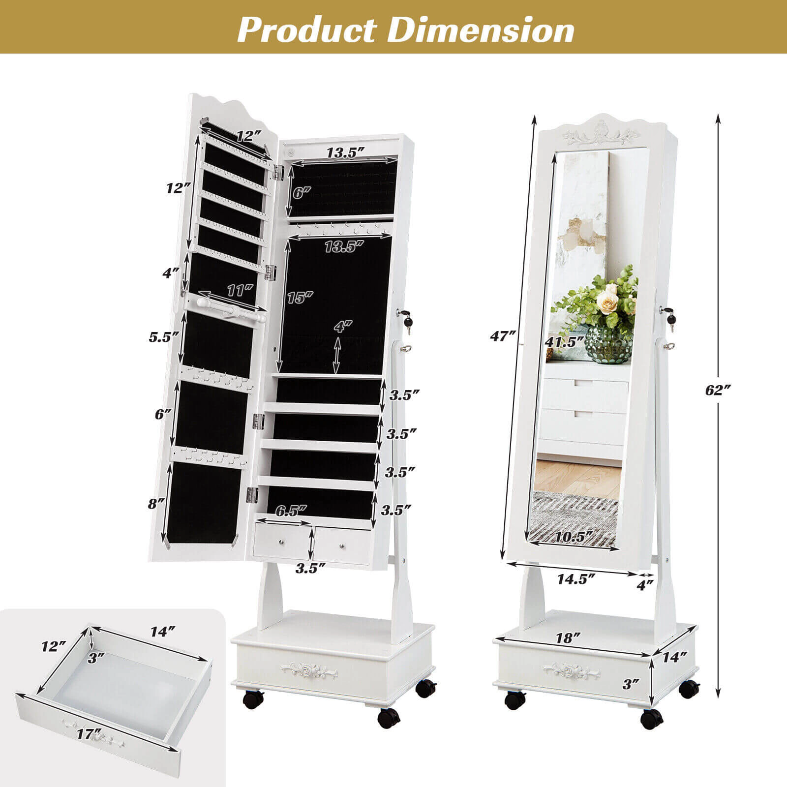 Slickblue Freestanding Rolling Jewelry Storage Cabinet with Full-Length Mirror, Lockable Armoire, Drawer and Shelf