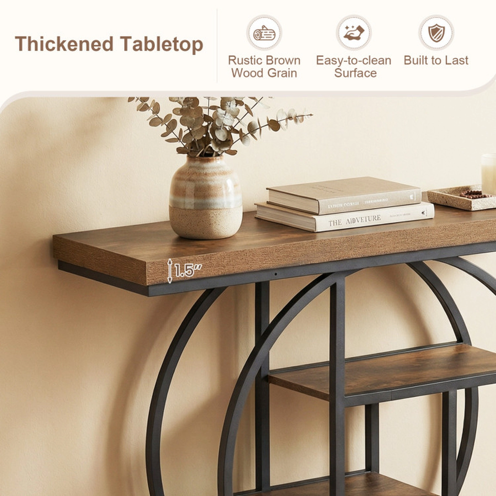 SUGIFT 4-Tier Console Table 41 x 12 in Entryway Table with Storage Shelves 110-lb Tabletop Capacity Rustic Brown & Black