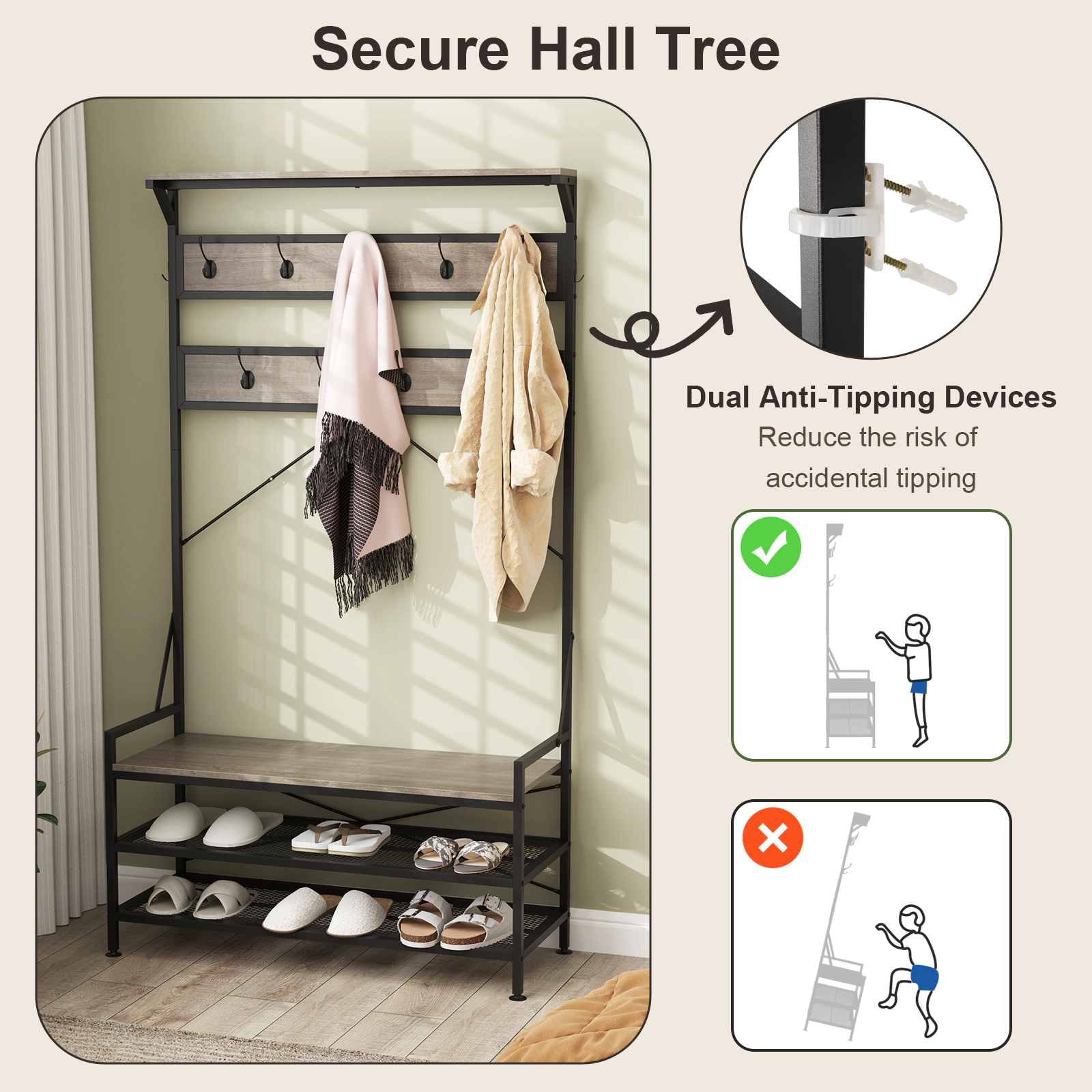 SUGIFT 4-in-1 Hall Tree Gray with 11 Hanging Hooks Shoe Bench and Metal Shelves
