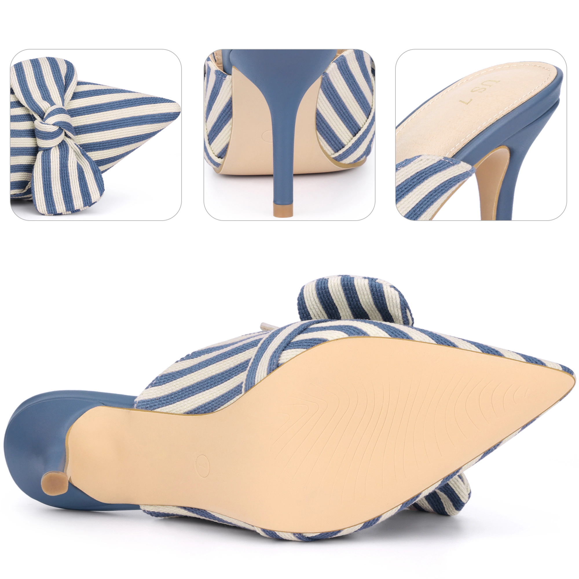 BLISSFUL STEP Women's Bow Stripe Pointed Toe Slip-on Heel Pumps Slides Mules