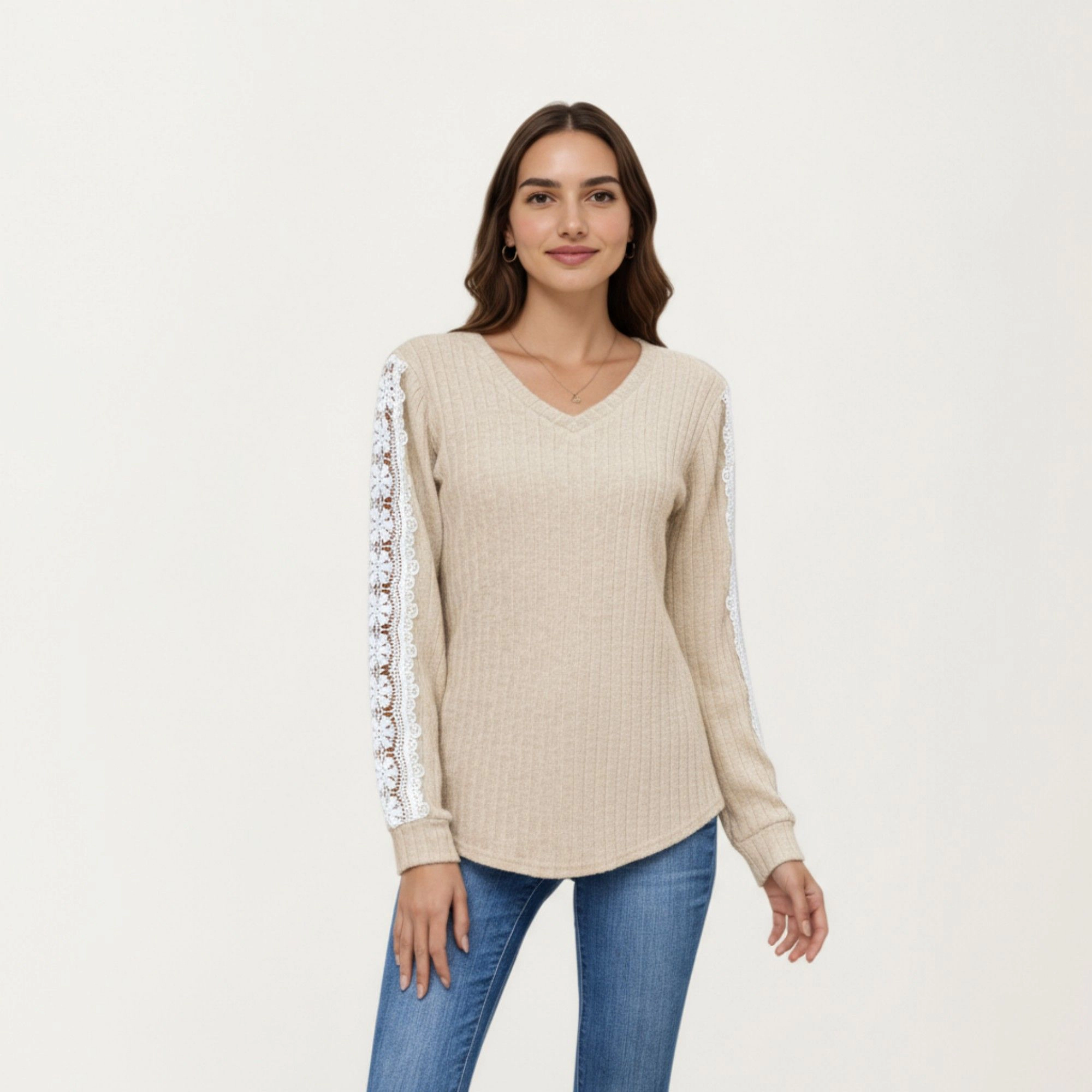 Anna-Kaci Women's V-Neck Lace Trim Sleeve Curved Hem Long Ribbed Knit Top