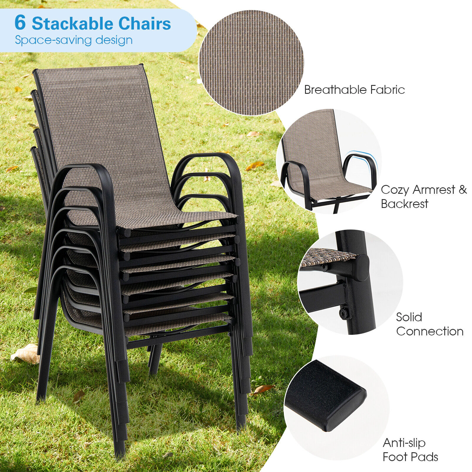 LJG 6 Pieces Patio Stackable Dining Chairs with Curved Armrests and Breathable Fabric