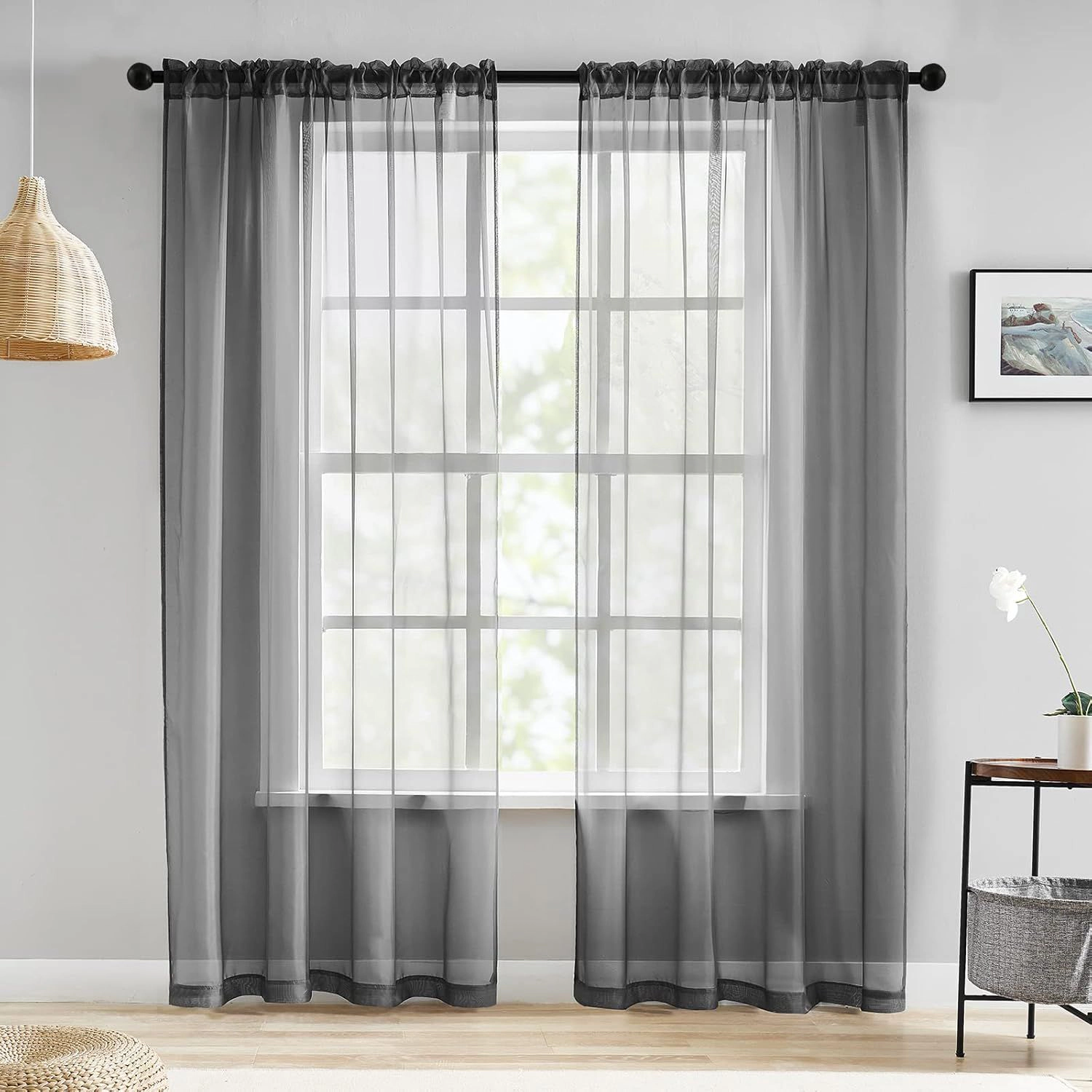 Kate Aurora Hotel Lux 2 Piece Charcoal Gray Rod Pocket Sheer Curtain Panels