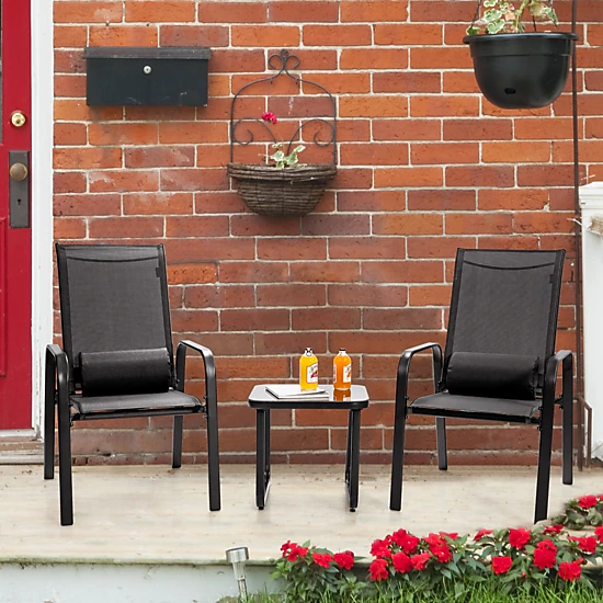 SUGIFT Black Adjustable Backrest Chairs and Glass Table 3-Piece Patio Bistro Set