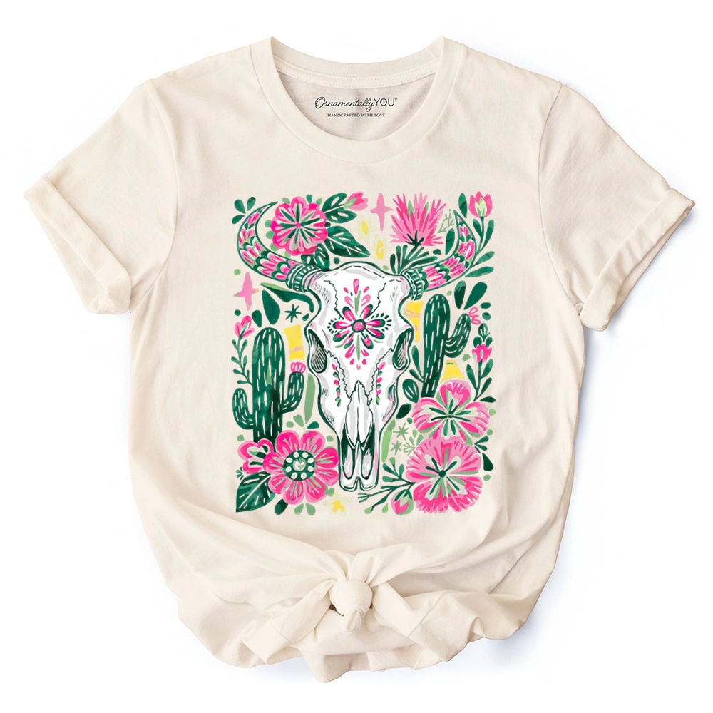 OrnamentallyYou Womens Western Floral Cow Skull Wildflower Cactus T-Shirt
