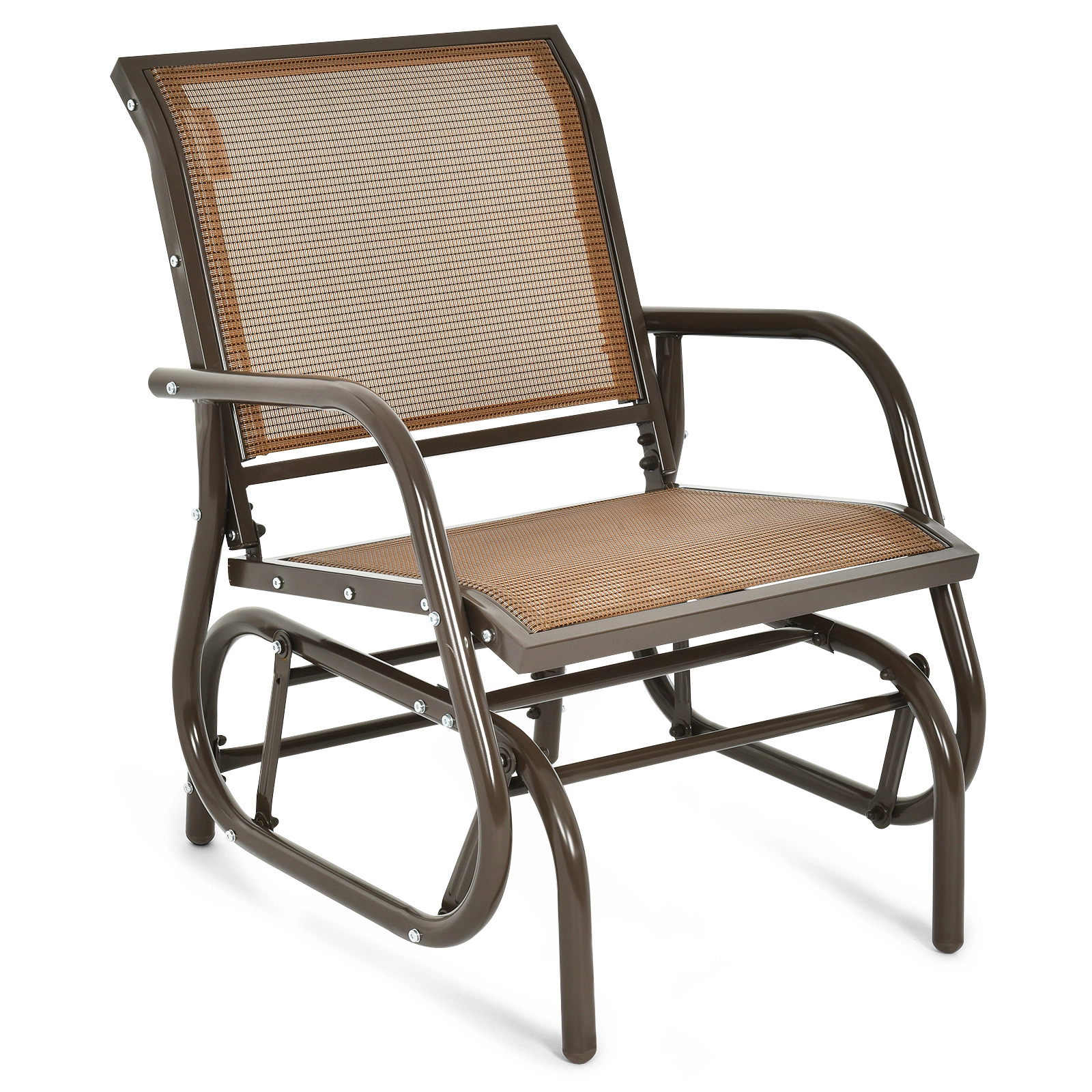 SUGIFT Outdoor Single Swing Glider Rocking Chair Brown with Armrests and Steel Frame
