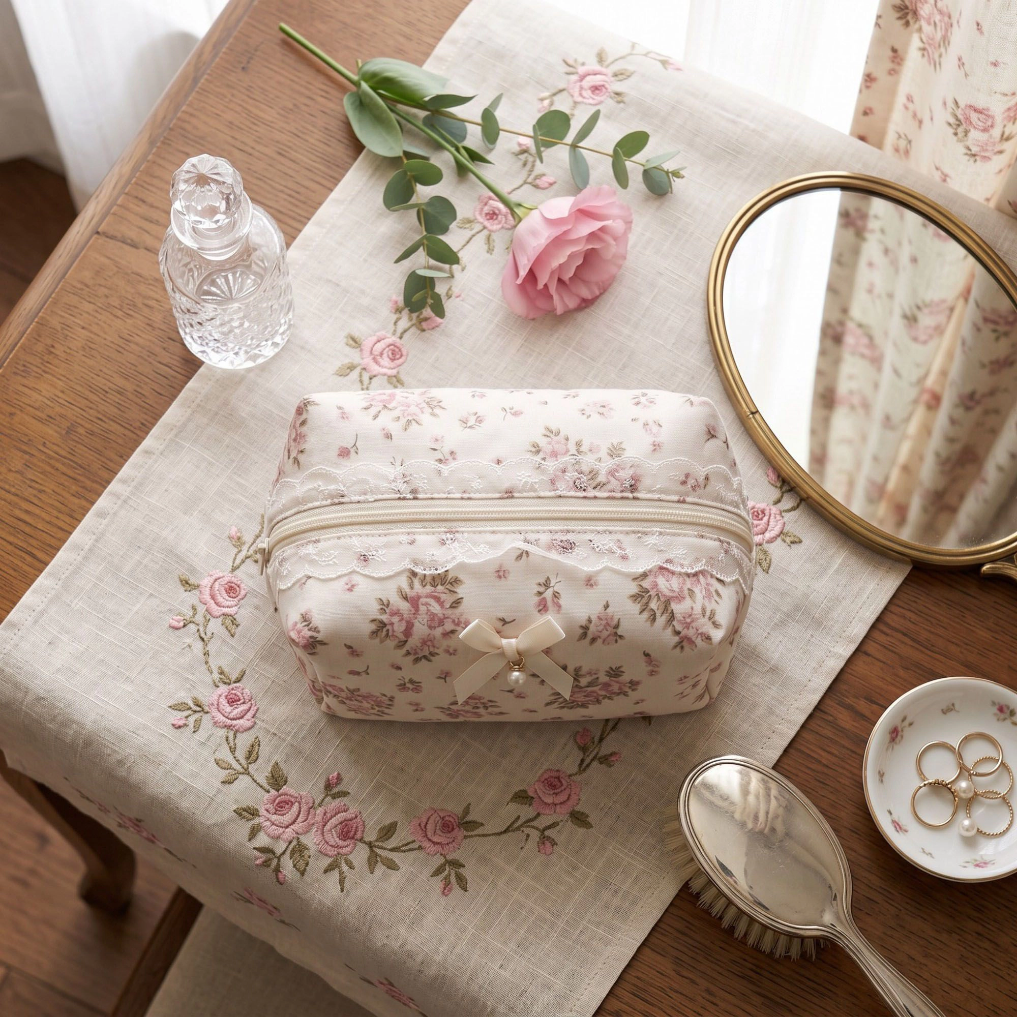 Alilang Unisex Floral Makeup Bag with Bow Pearl Charm and Zipper Closure