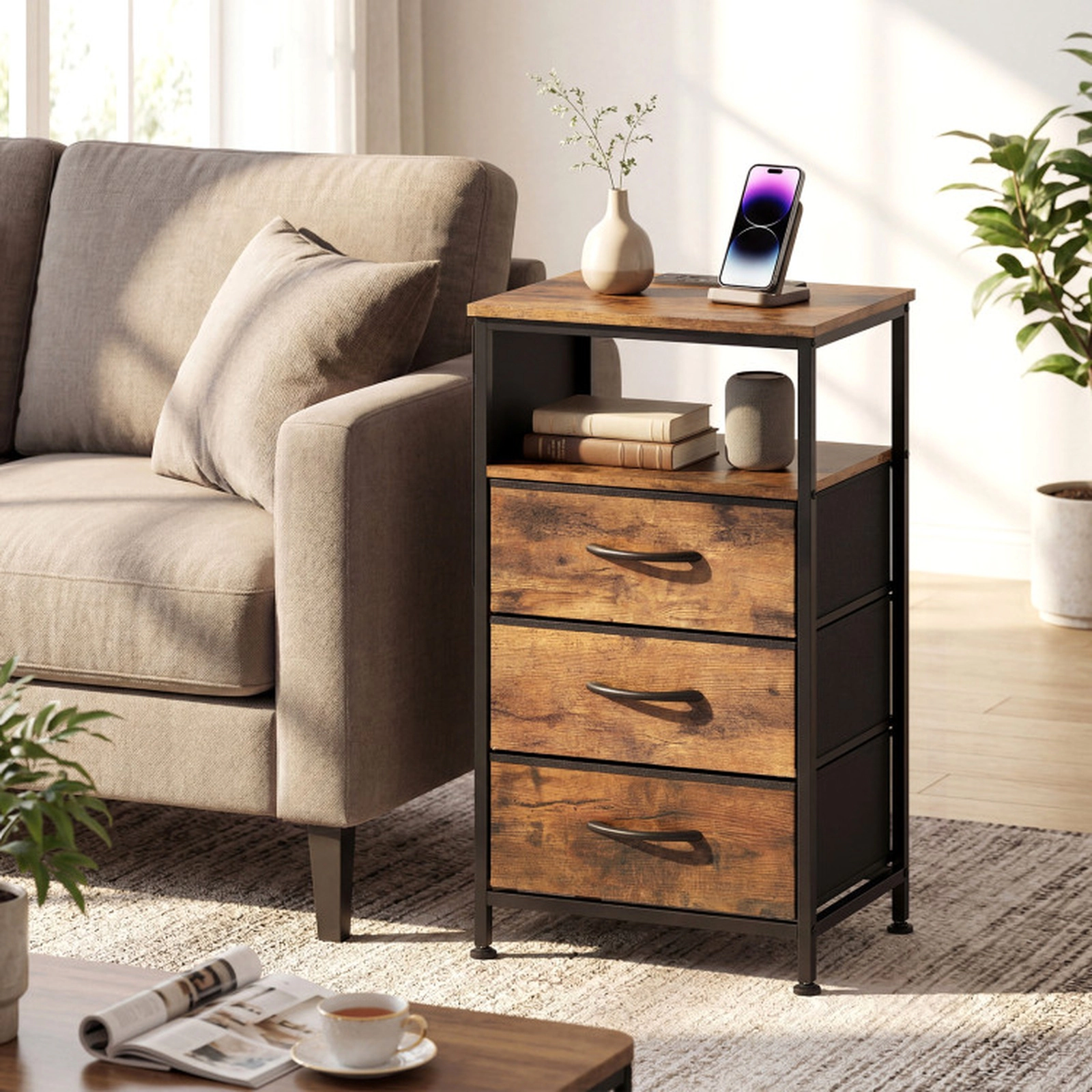 SUGIFT 27.5-in Rustic Brown Tall Nightstand with Charging Station, 3 Fabric Drawers and Side Pocket