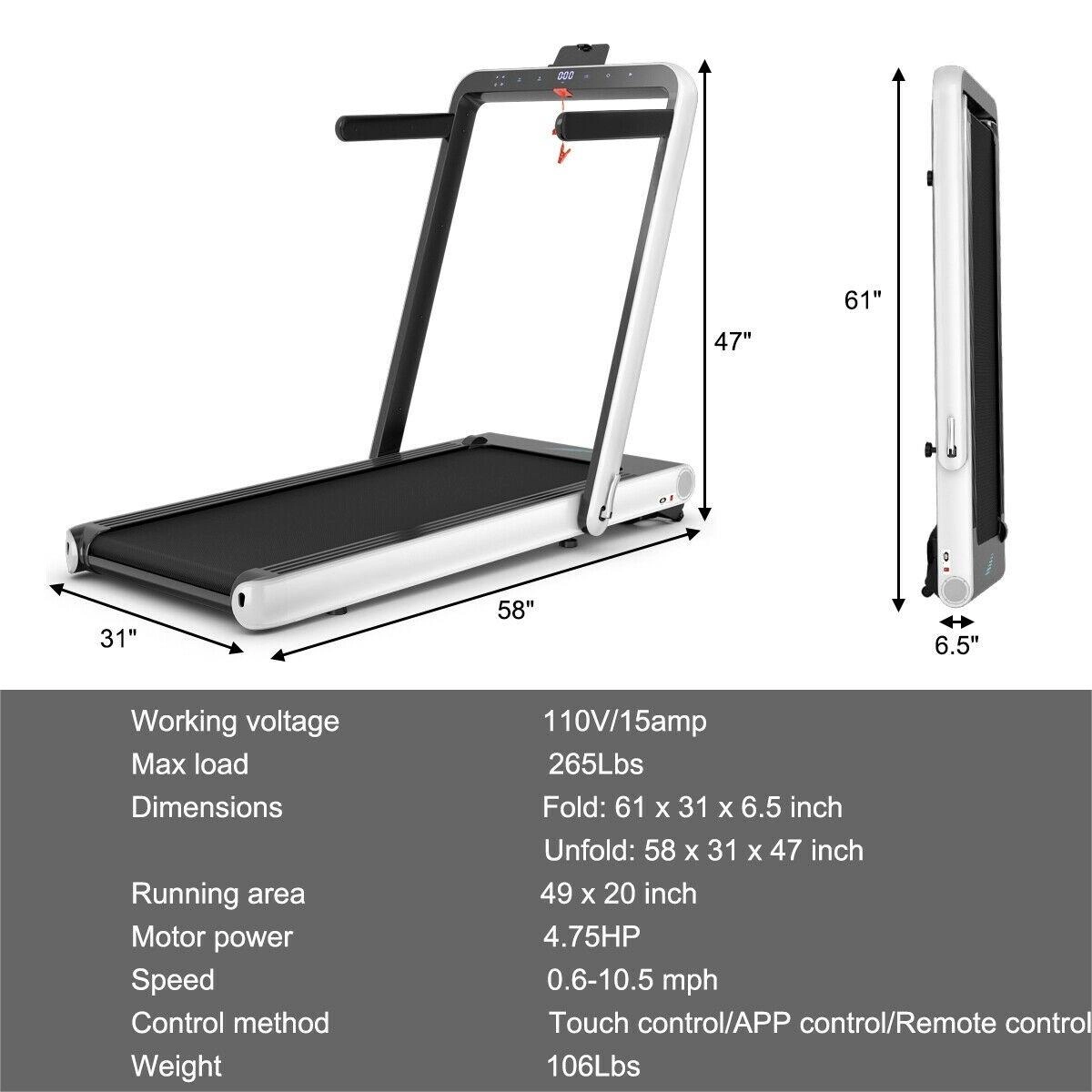 SUGIFT White 4.75-HP 2-in-1 Folding Treadmill with Colorful LED Light Bar 58-in W 31-in D 265-lb User Capacity