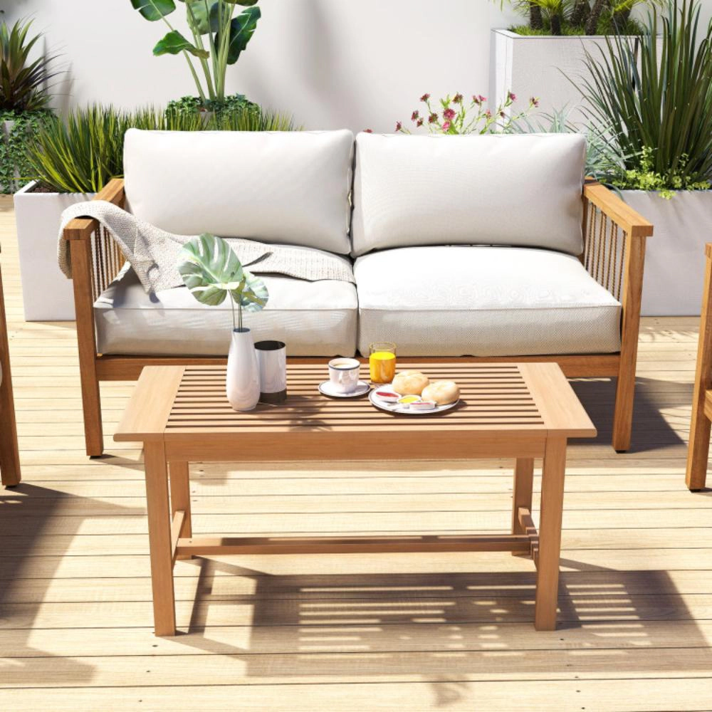 Hivvago Patio Coffee Table 36 Inch Rectangular Outside Side Table With Slatted Tabletop