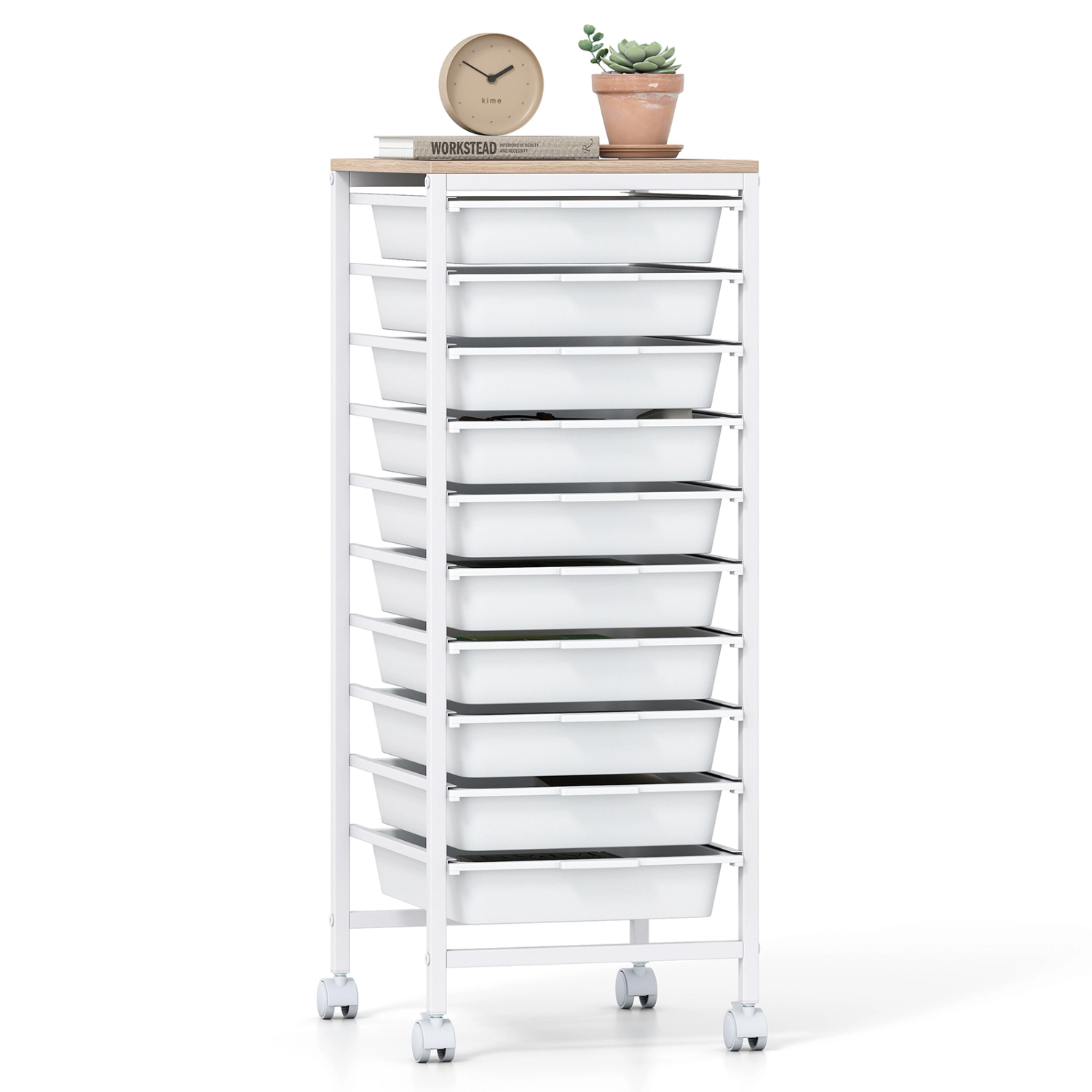 SUGIFT 10-Drawer Rolling Storage Cart White with Wooden Tabletop and Lockable Wheels