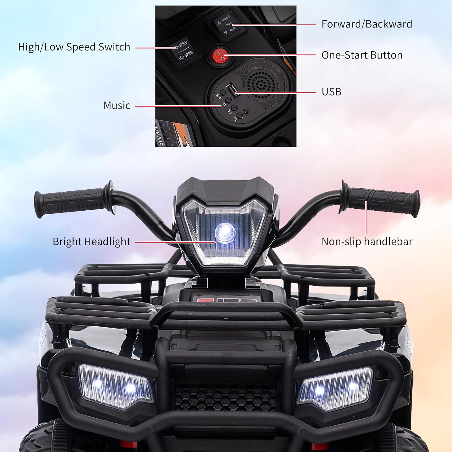 Enjyam 12V Kids Ride-On ATV for Toddlers, Electric 4-Wheel Vehicle with LED Lights, Music, USB, Safe 2.2mph
