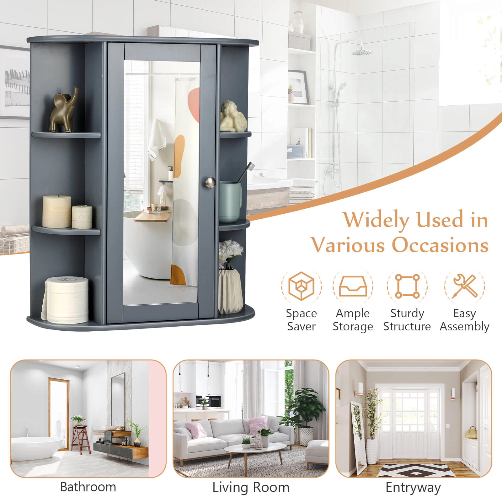 SUGIFT Gray 80-lb Capacity Wall Mount Bathroom Mirror Cabinet with Single Door and 6 Open Shelves