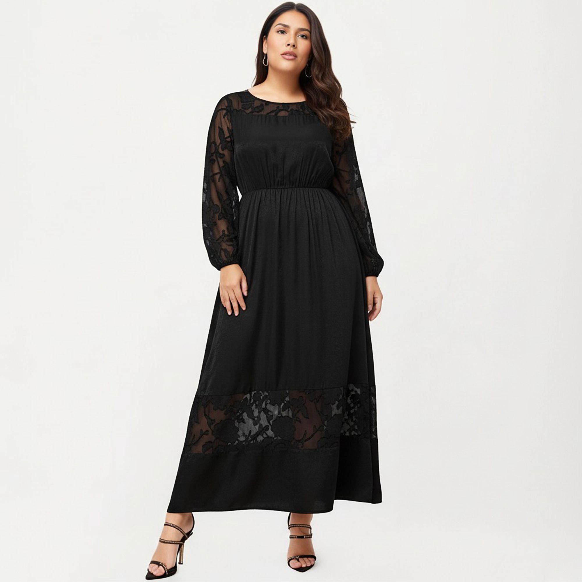 Anna-Kaci Women's Plus Long Sleeve Sheer Lace Sleeves Elastic Waist Hem Panel Maxi Dress