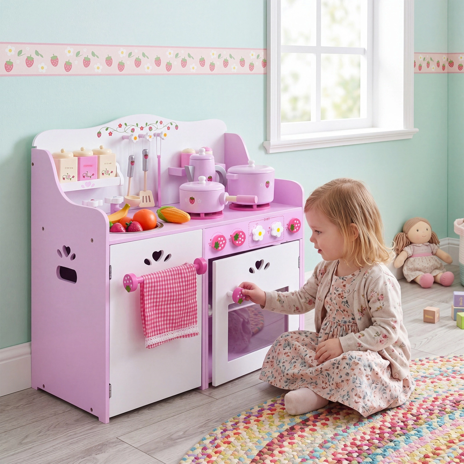 Small Wooden Play Kitchen for Toddlers Strawberry Design Working Knobs Storage Shelf 23.6-in x 11.6-in x 24.4-in Pink