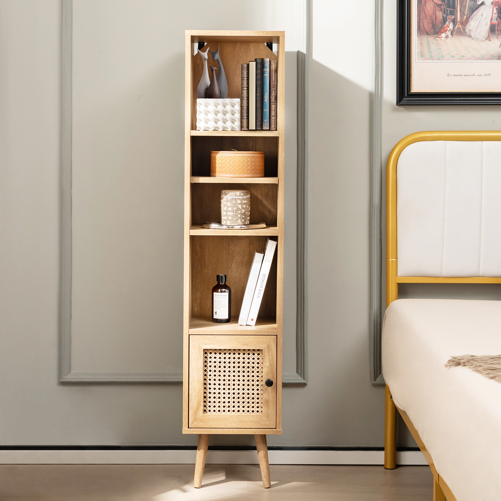 SUGIFT 4 Tier Rattan Storage Cabinet Natural Slim Design for Narrow Spaces