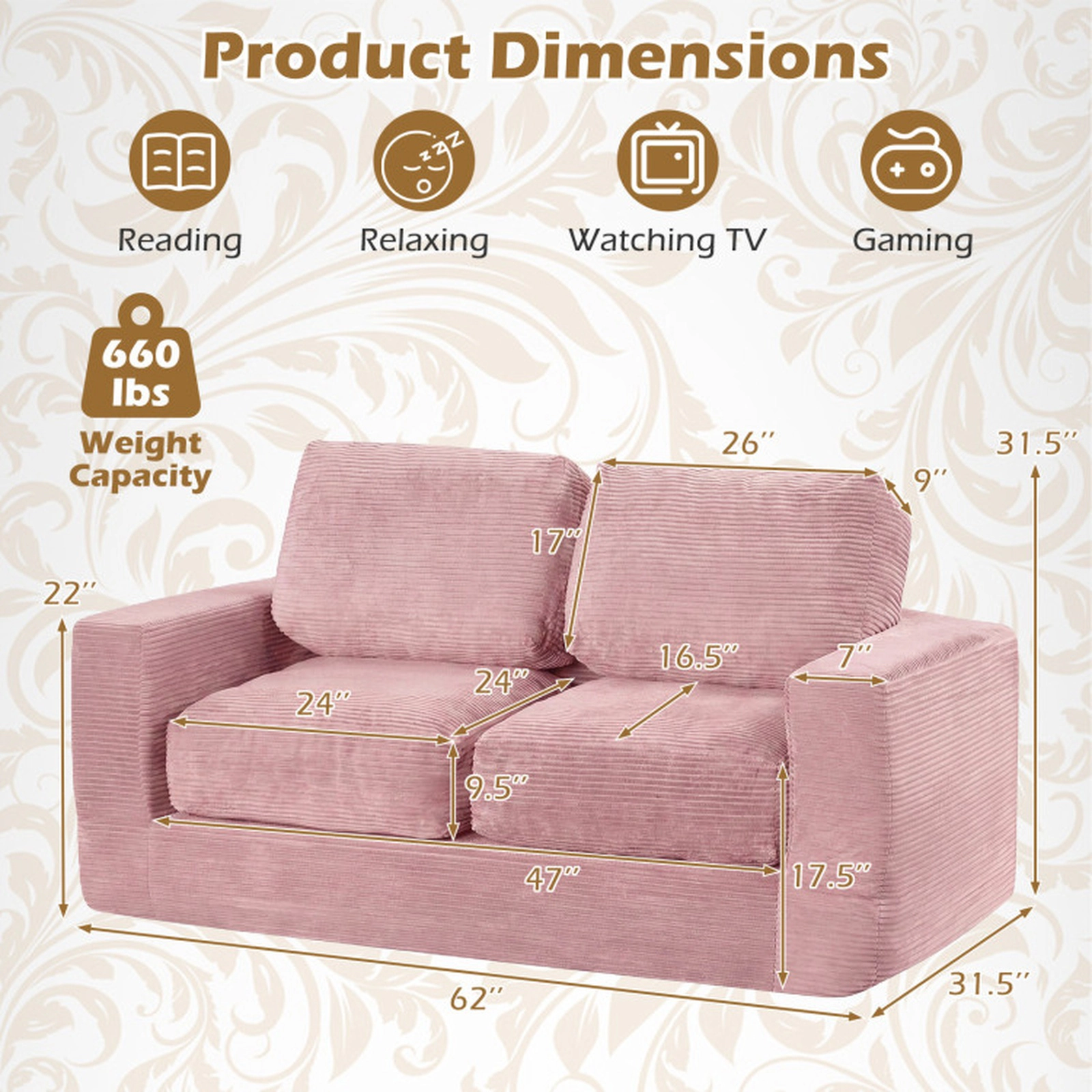 SUGIFT 2-Seater Floor Couch Loveseat Foam Sofa with Removable Corduroy Cover 660-lb Capacity 62-in Frame Pink