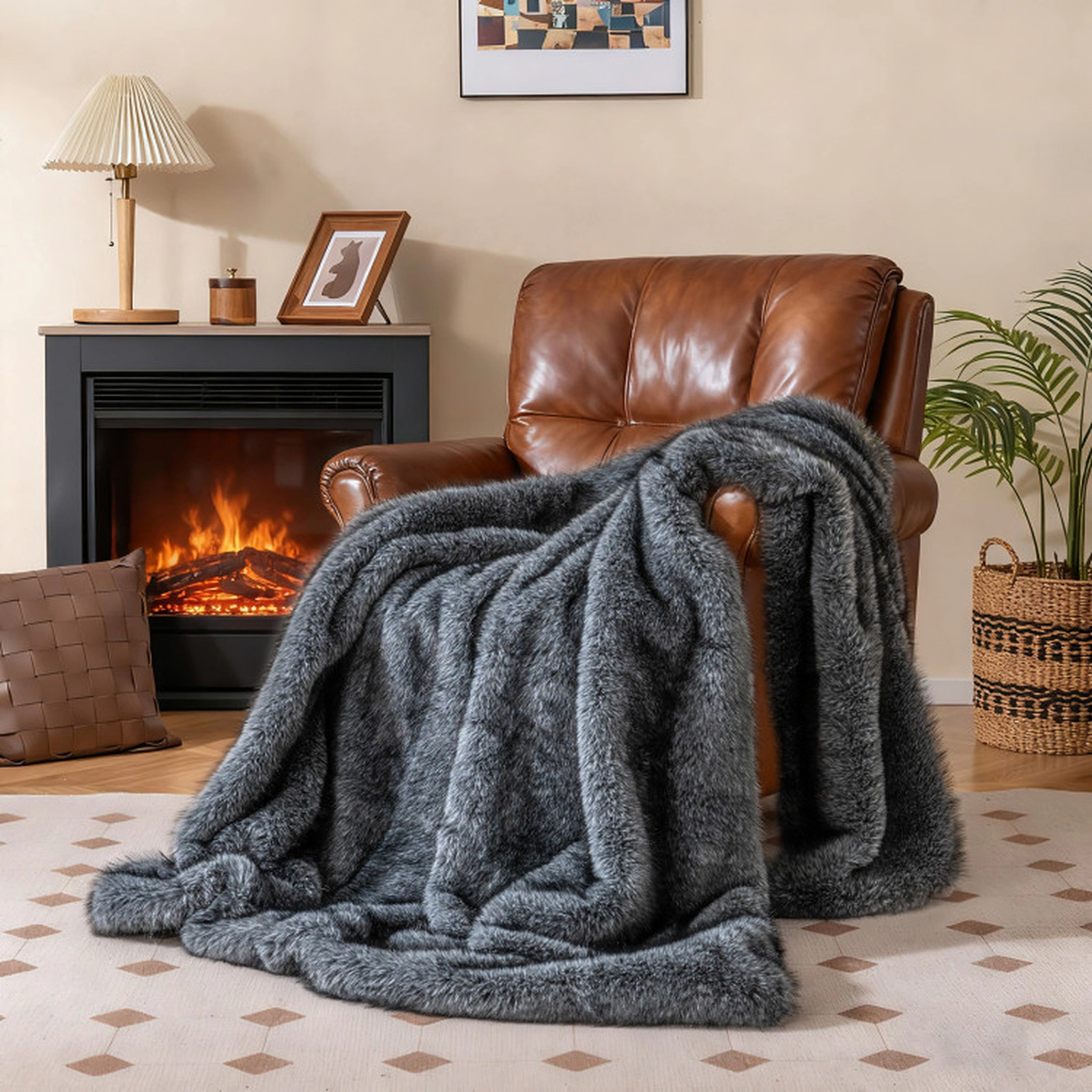 SUGIFT Twin Size 740GSM Faux Wolf Fur Double Sided Fleece Lined Plush Throw Blanket 60-in x 80-in 8-lb Net Weight Gray