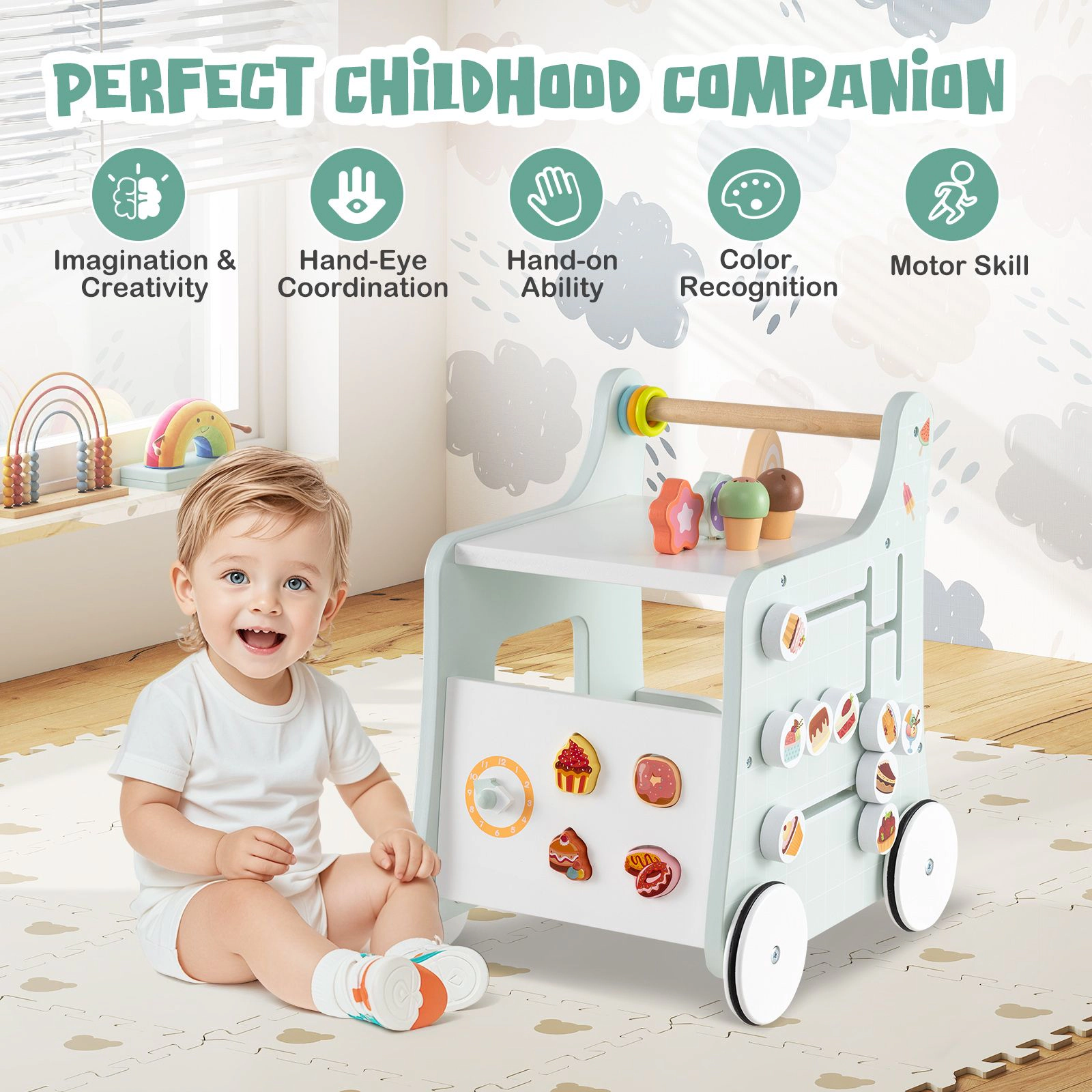 SlickBlue Montessori Push Walker Toy with Interactive Learning Features