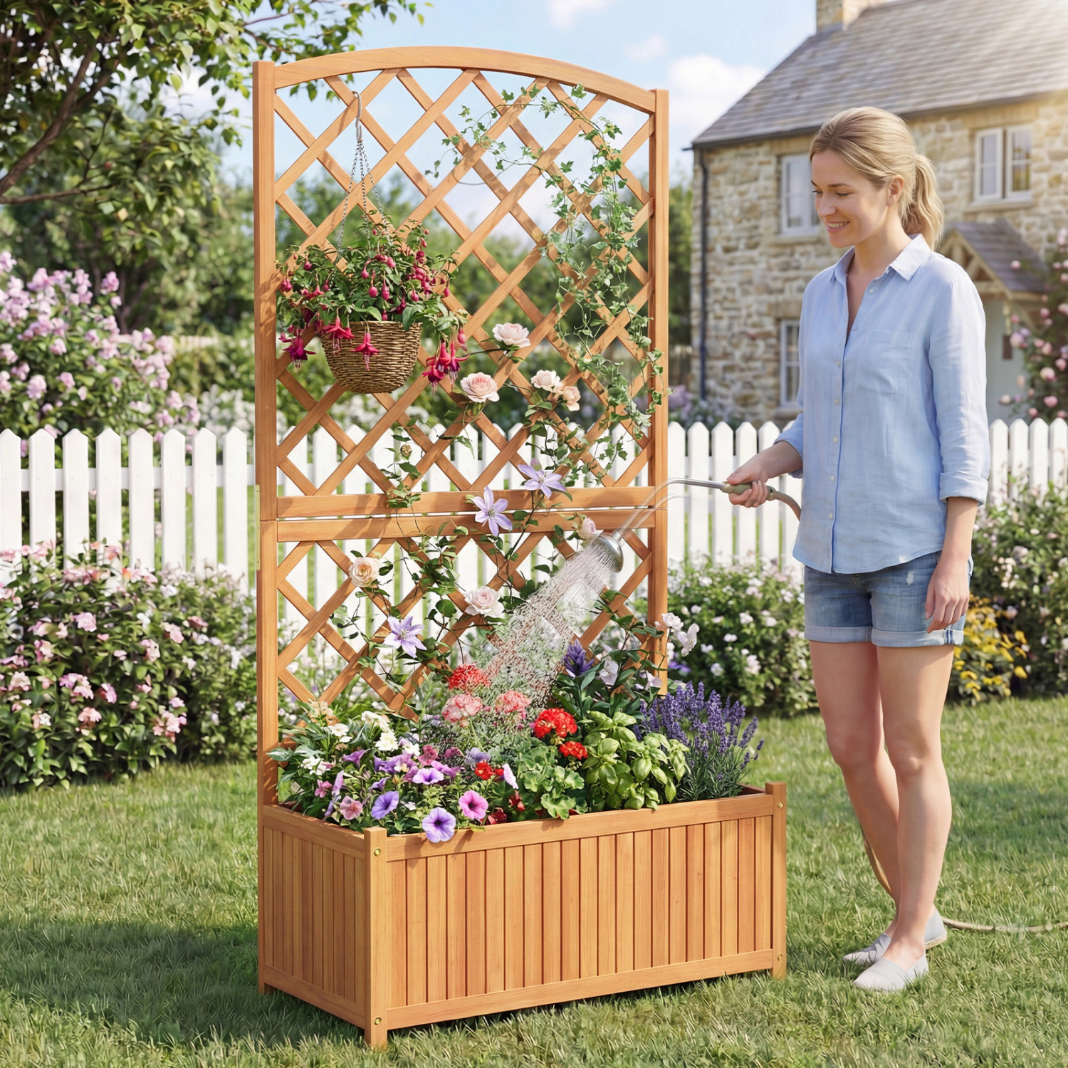 SUGIFT 63-in Tall 176-lb Capacity Acacia Wood Raised Garden Bed with Diamond Trellis and Slatted Base