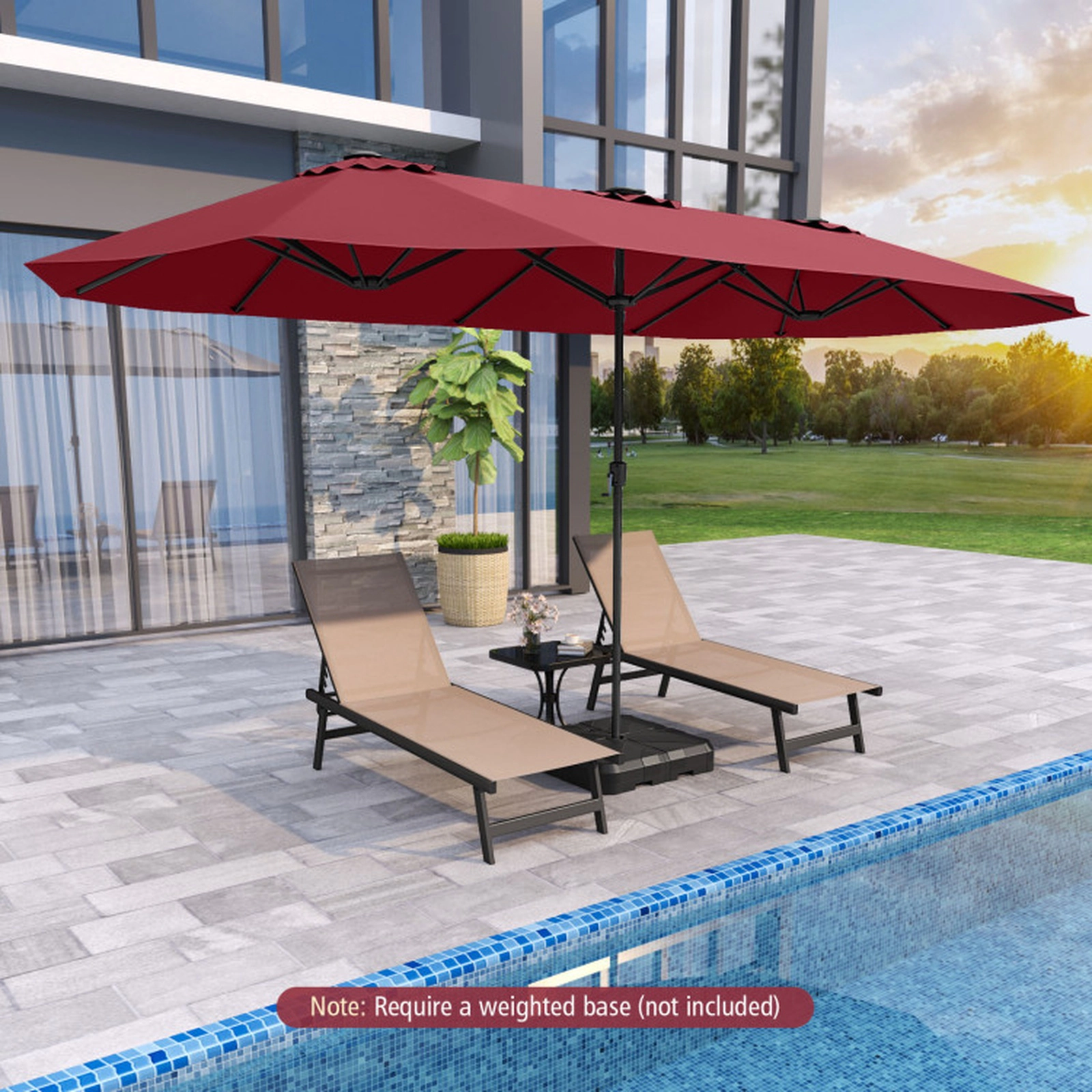 SUGIFT 15.5-ft Extra-Large Double-Sided Patio Umbrella with LED Solar Lights Crank Handle 30-lb Net Weight 1-Pc Red