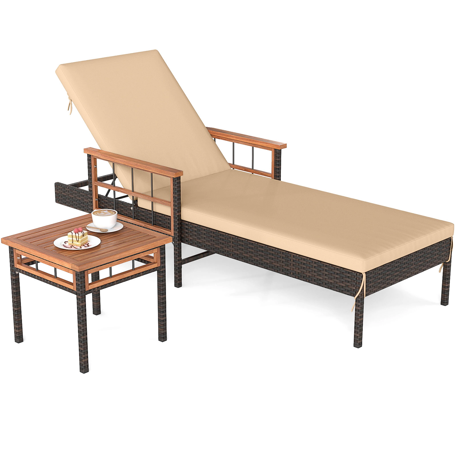 LJG Patio Rattan Chaise Lounge with Side Table and Adjustable Backrest