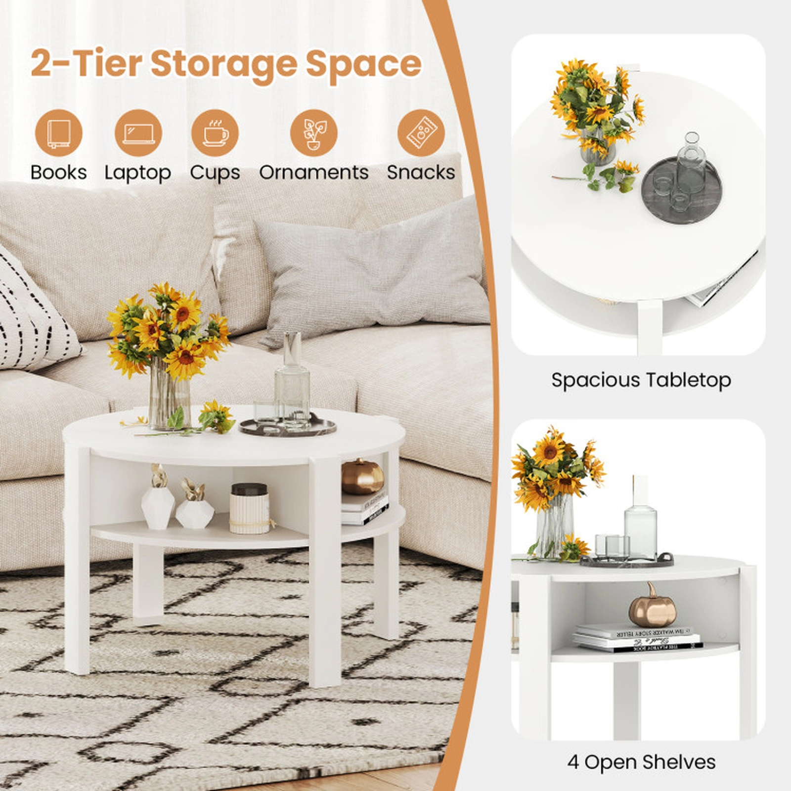 SUGIFT 29.5-in Round 135-lb Capacity White Wood Coffee Table with Side Storage Shelves and 11-in Clearance