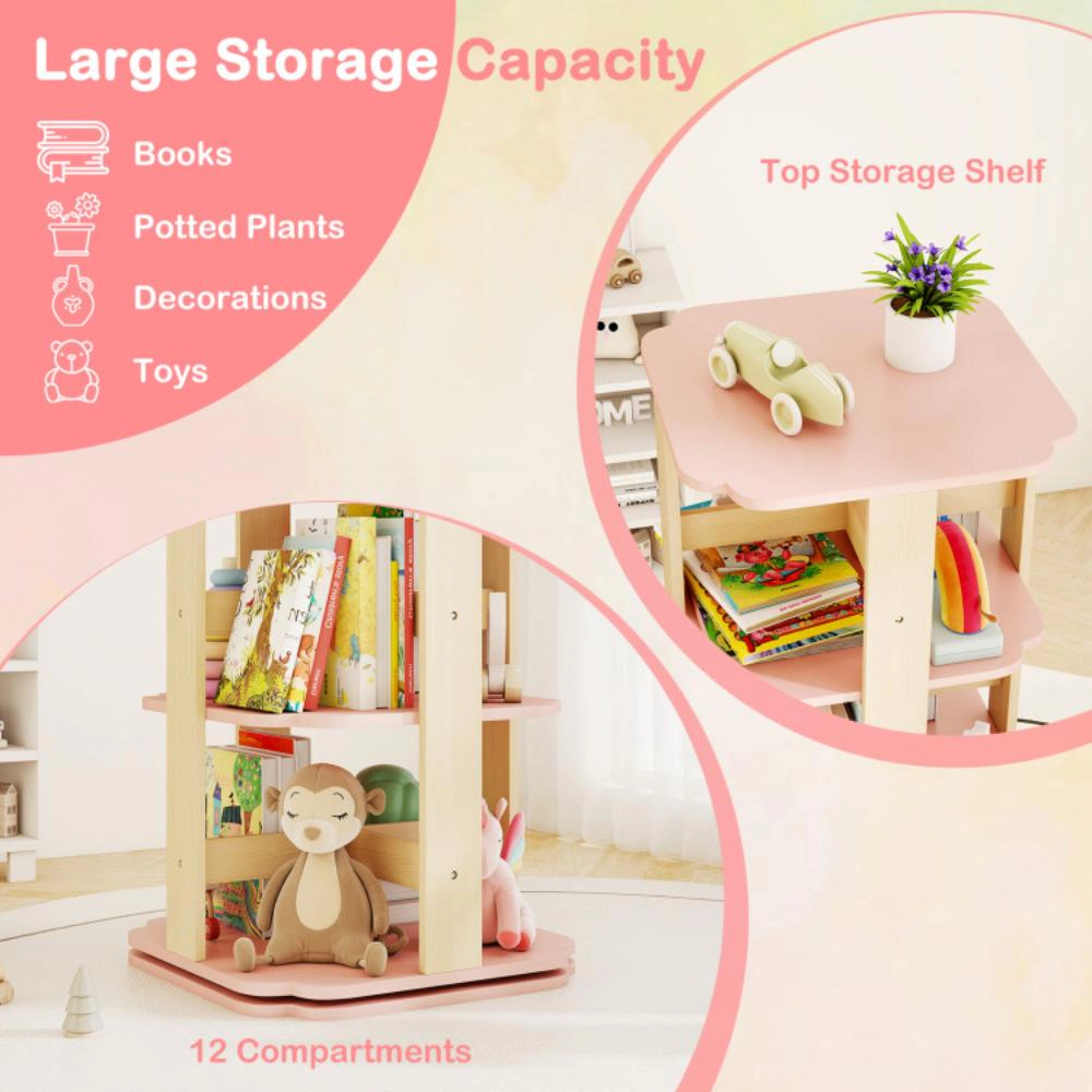 Hivvago 3-Tier Freestanding Corner Toddler Book Rack with 12 Sectors-Pink