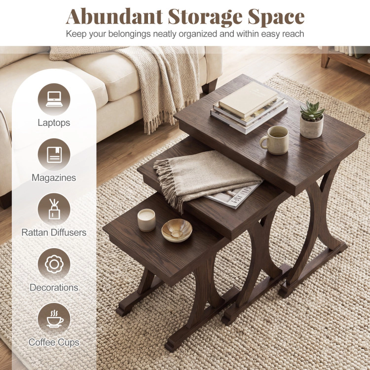 Hivvago 3 Pieces Nesting Coffee Table Side Table With Solid Rubber Wood Legs