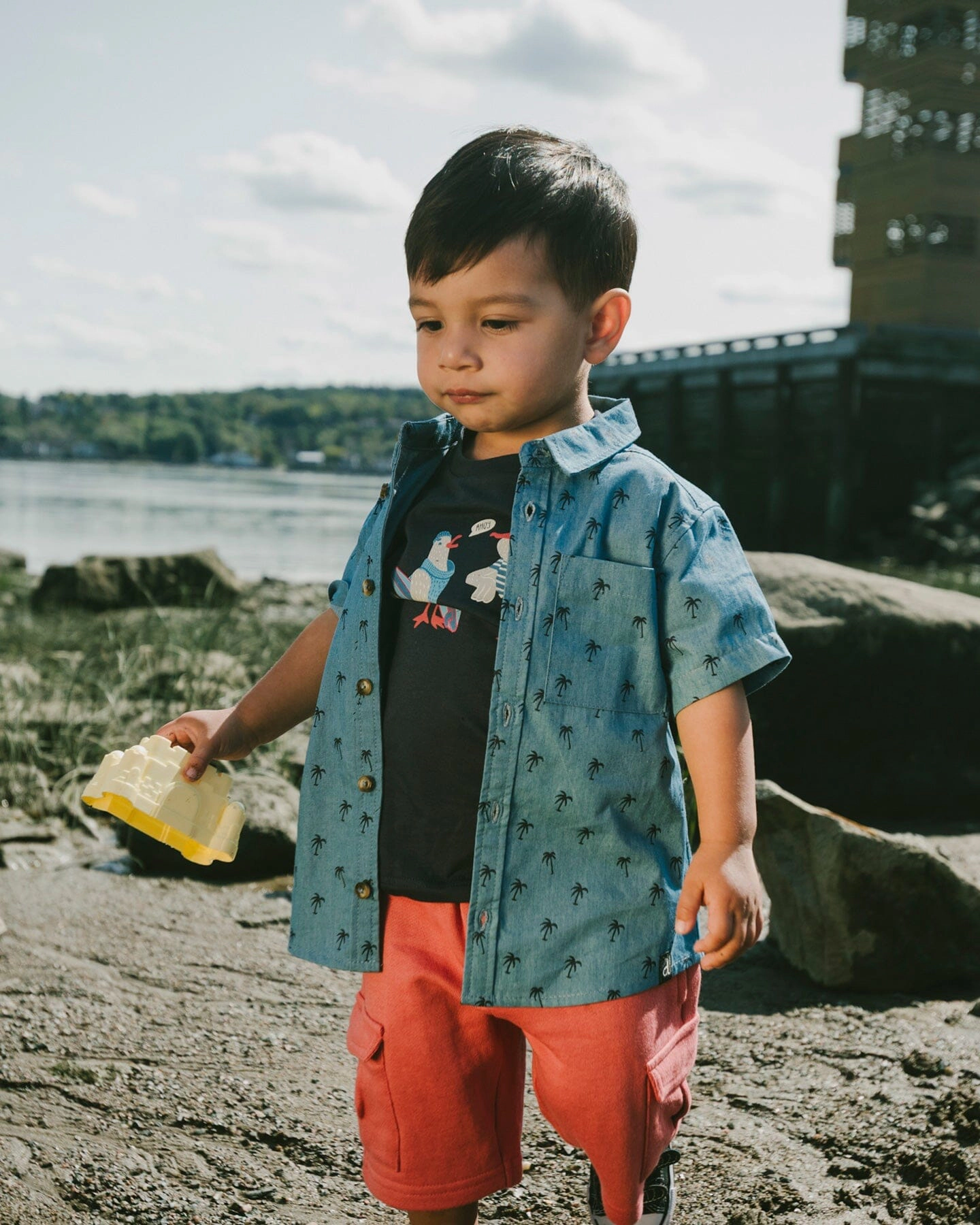 Deux par Deux Boys Short Sleeve Chambray Shirt Palm Print