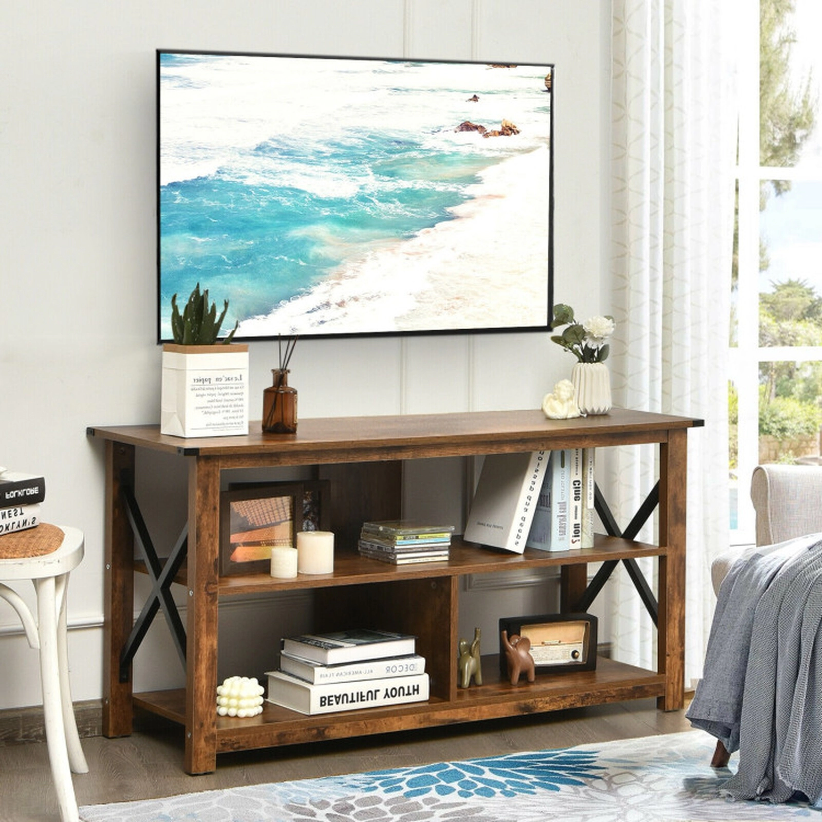 SUGIFT 3-Tier Engineered Wood TV Stand Open Shelves & X-Shaped Iron Frame for 55-in TVs 110-Lb Tabletop Capacity Brown