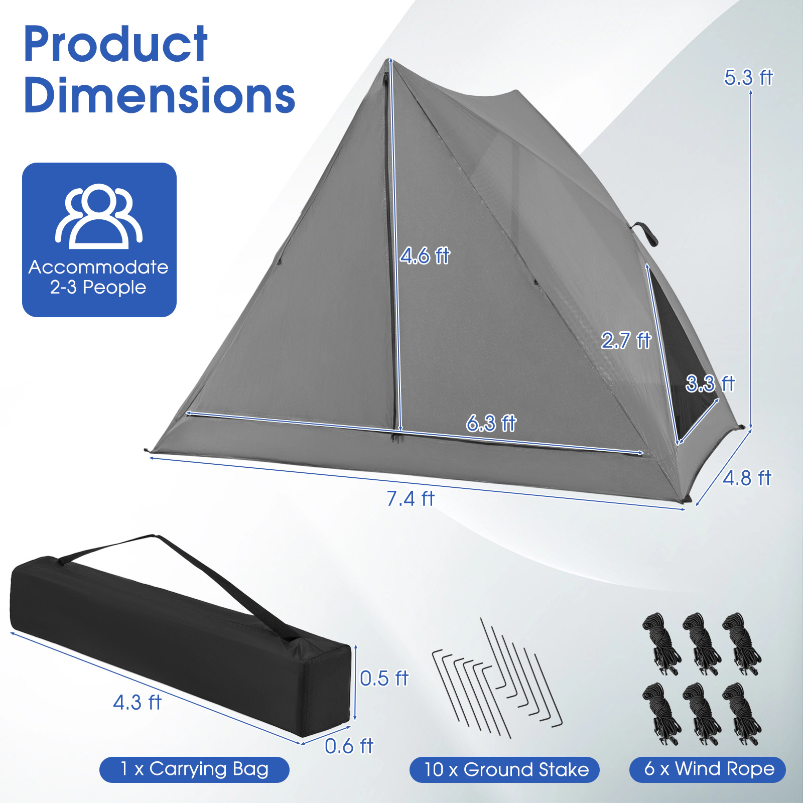 SUGIFT Gray 7.4-ft 2 to 3 Person Pop-Up Camping Tent with PU Coated Rainfly and Double-Layer Mesh Doors