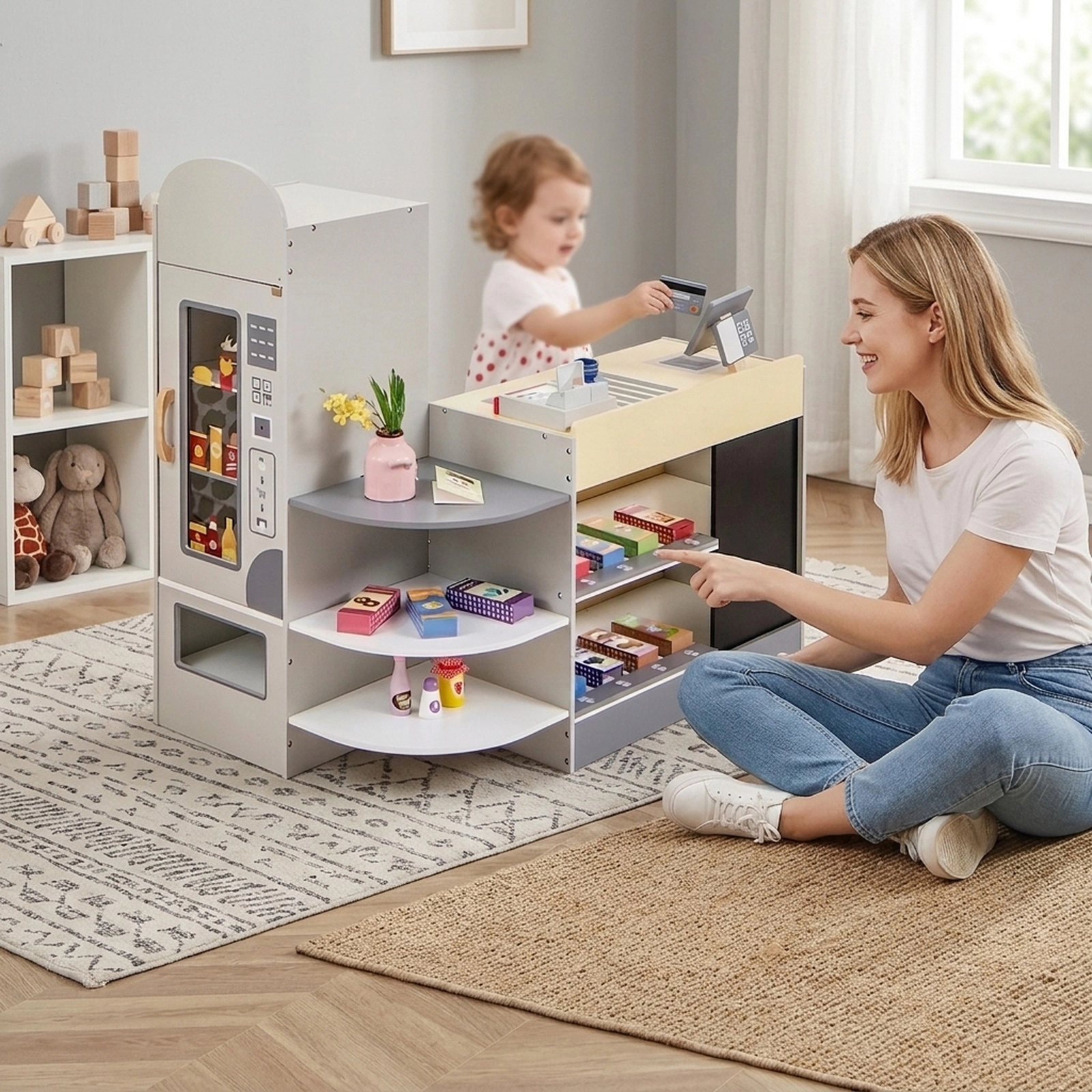Kids Grocery Store Playset with Toy Cash Register Scanner Card Reader and 13-pc Toy Food 35-in x 22.5-in x 34.5-in Gray