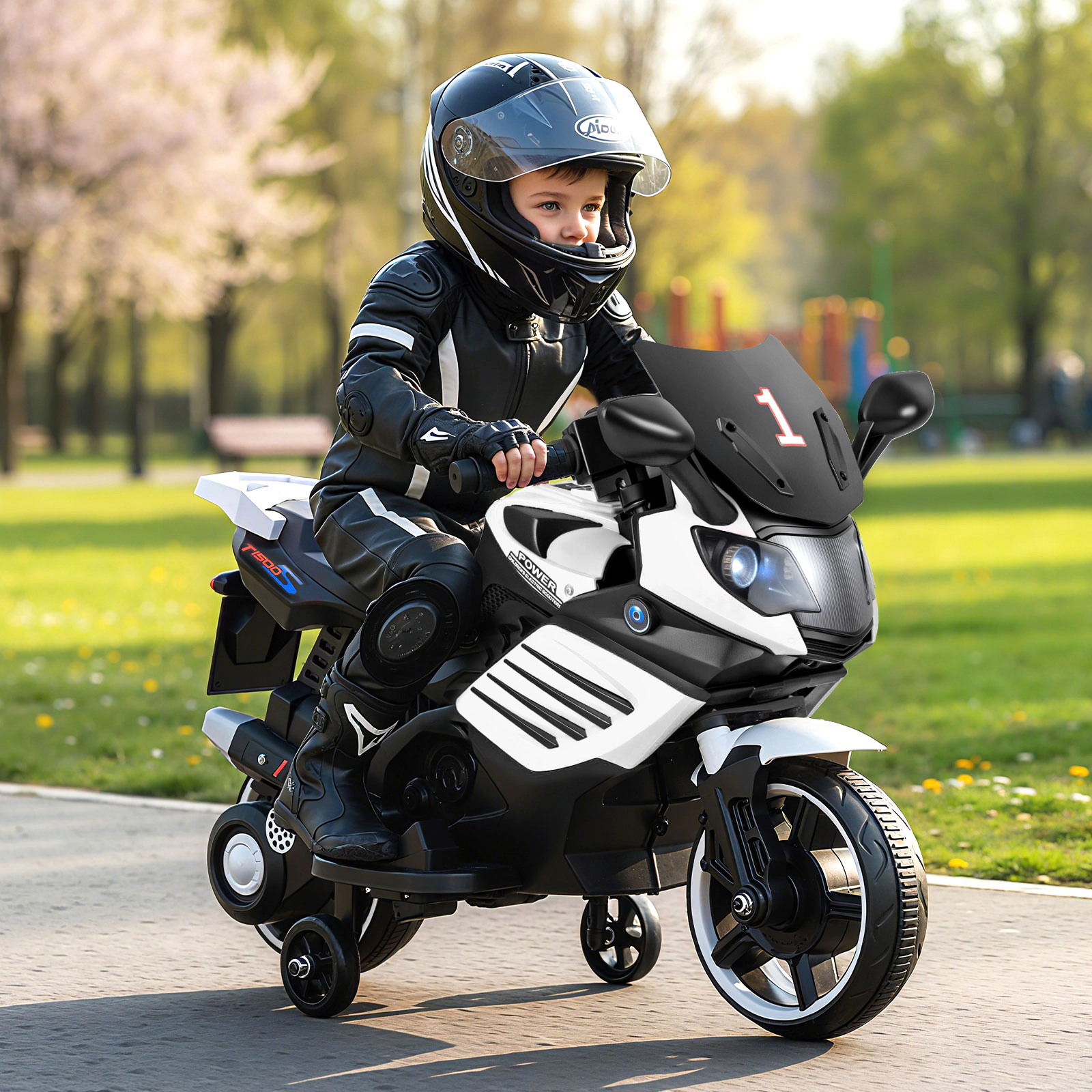6V Kids Motorcycle Ride On Toy Detachable Training Wheels LED Headlights Music Panel and Rearview Mirror Ages 3+ White