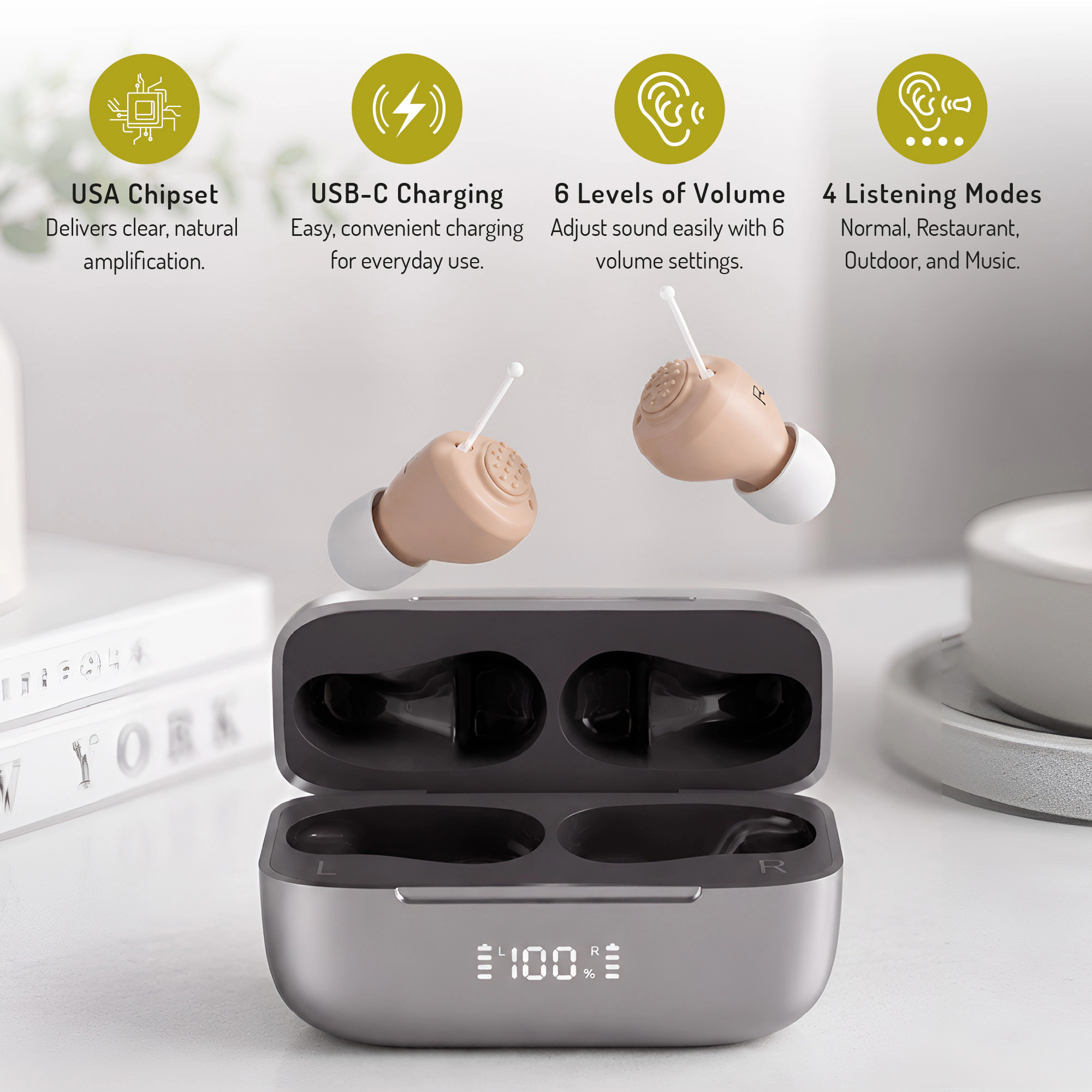 Pursonic Rechargeable OTC Hearing Aids for Adults with 4 Hearing Modes & 6 Adjustable Volume Levels
