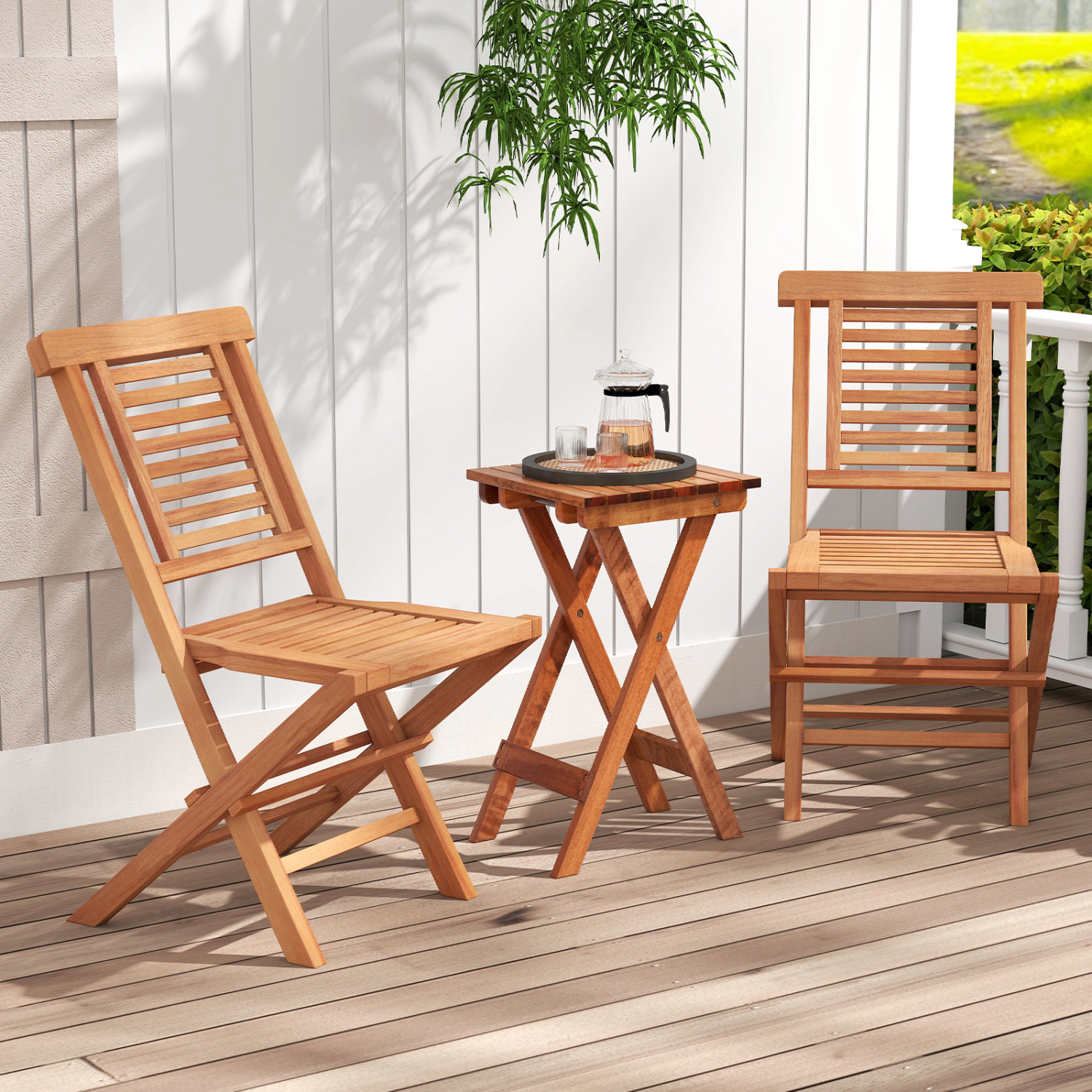 LJG Teak Wood Folding Patio Chairs Set of 2 with x-Support & High Backrest for Backyard